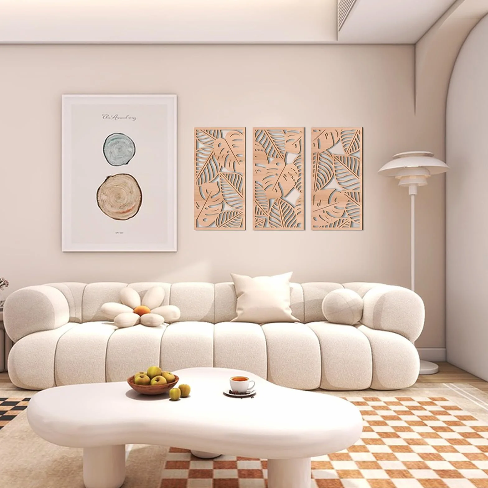 3 Pièces Sculpture Murale en Bois Naturel Monstera - Décor Mural Tropical Style Boho Chic