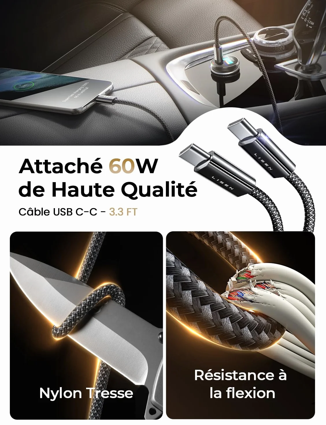 LISEN Chargeur Voiture USB C 54W+60W C-C Câble, Prise Allume Cigare 12V, Accessoire Voiture Interieur pour iPhone 17 Pro Max Galaxy S25