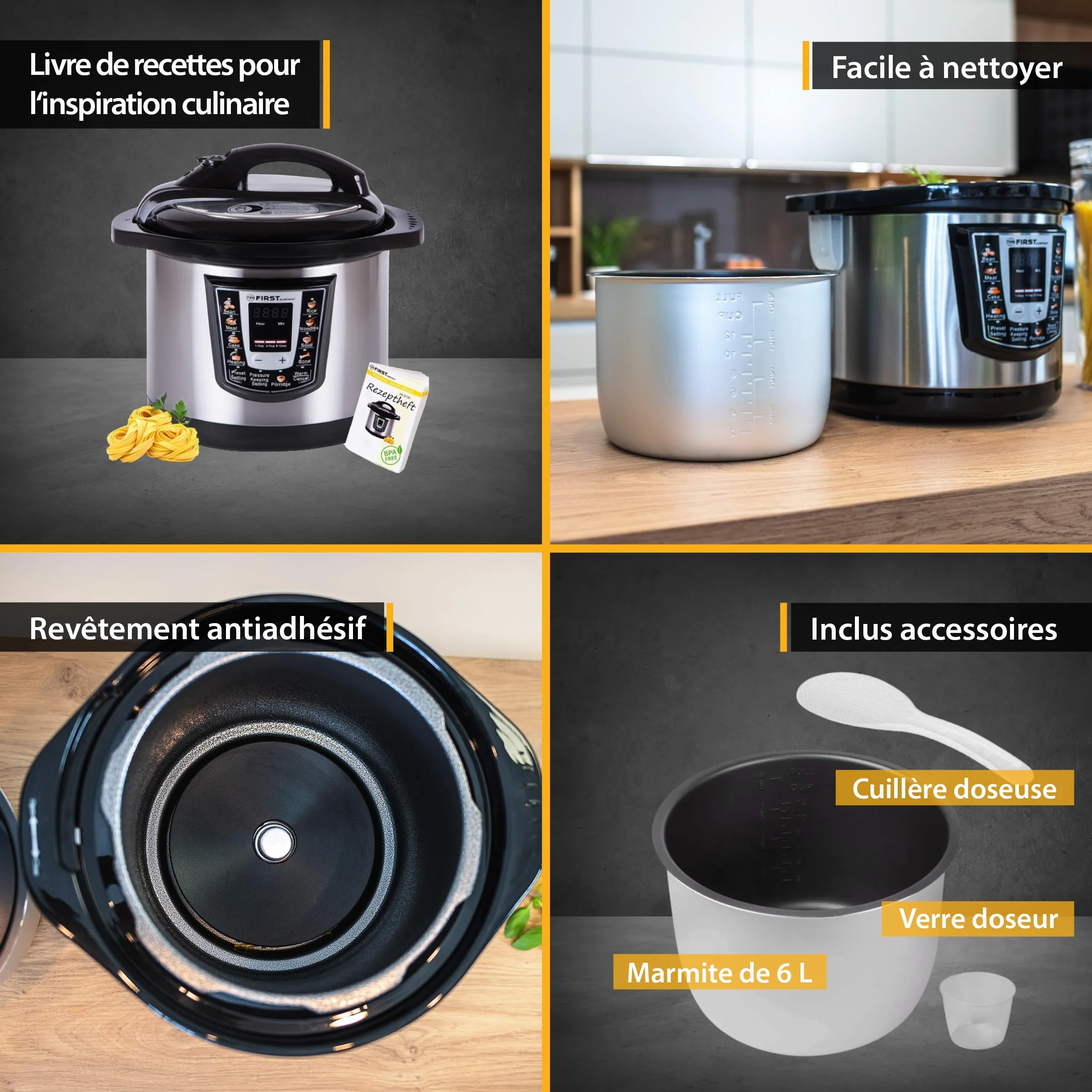 TZS First Austria - Autocuiseur électrique 6L avec 9 programmes automatiques - Multicooker 1000W comme cuiseur à riz, à vapeur, mijoteuse, etc. - Multicuiseur électrique à pression