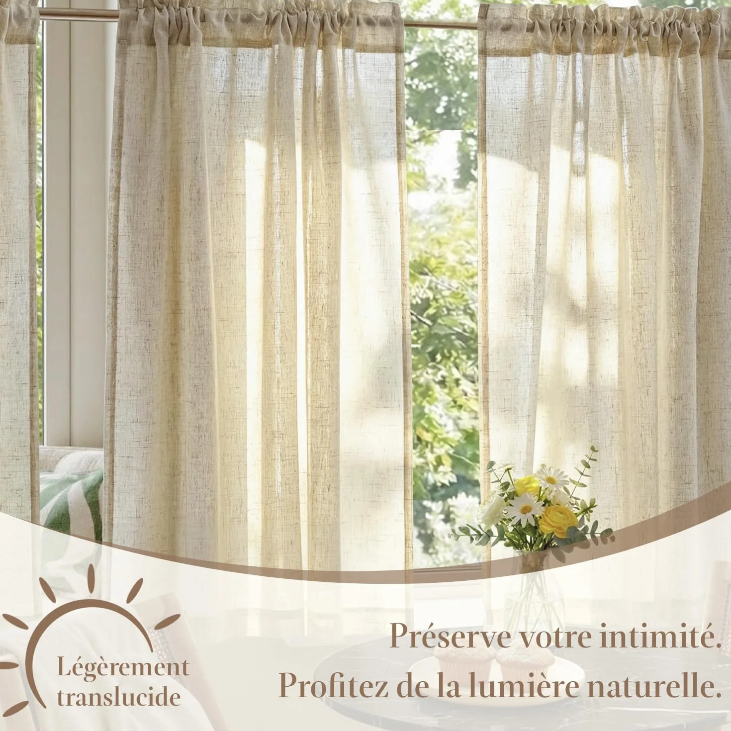 TOPICK Petit Rideau Brise Bise Beige 65x90 cm 2 Panneaux