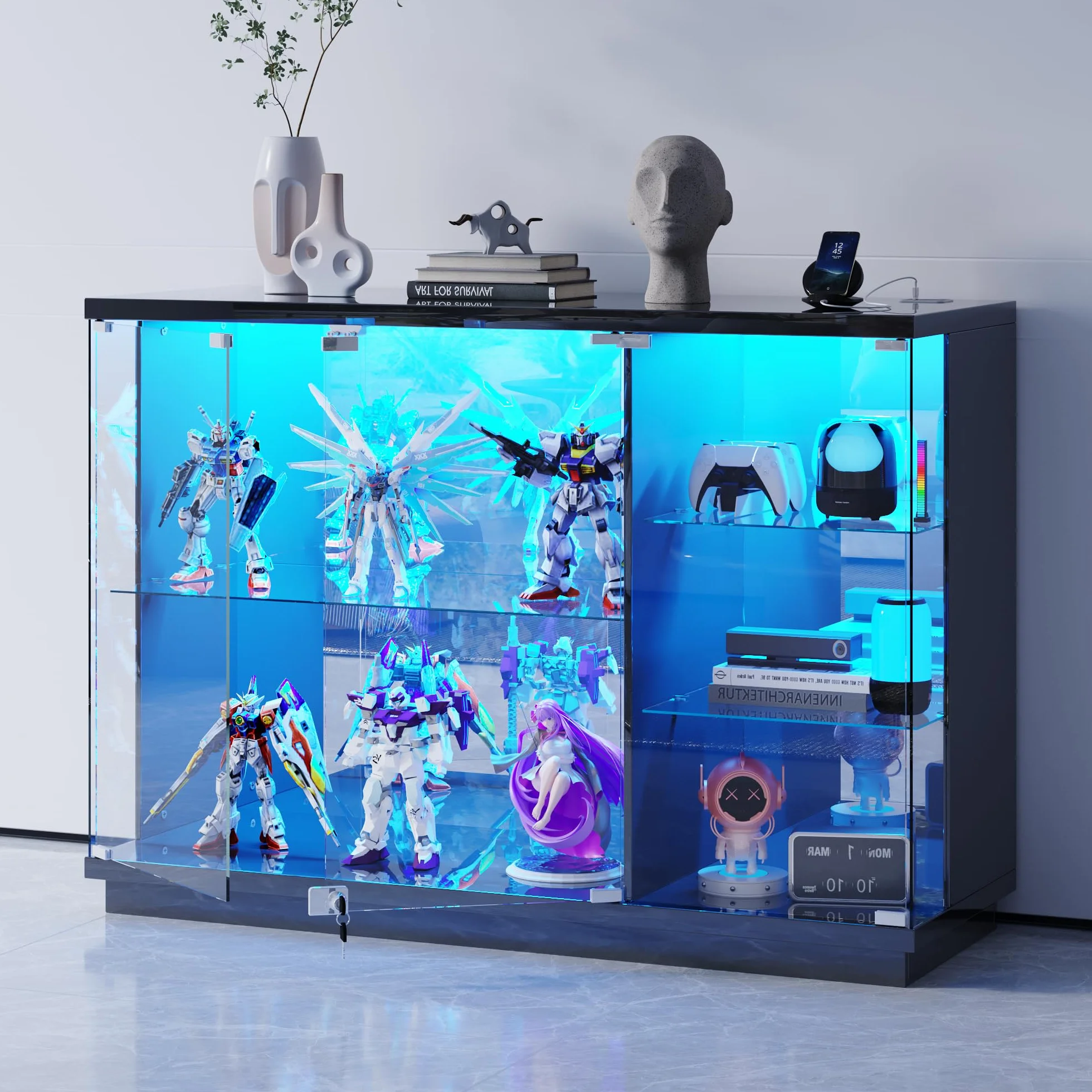Lvifur Vitrine en verre - Éclairage LED et portes en verre - Armoire en verre - Cabinet d'affichage avec capteur intelligent - 3 couches - Étanche à la poussière - Pour salon, chambre à coucher