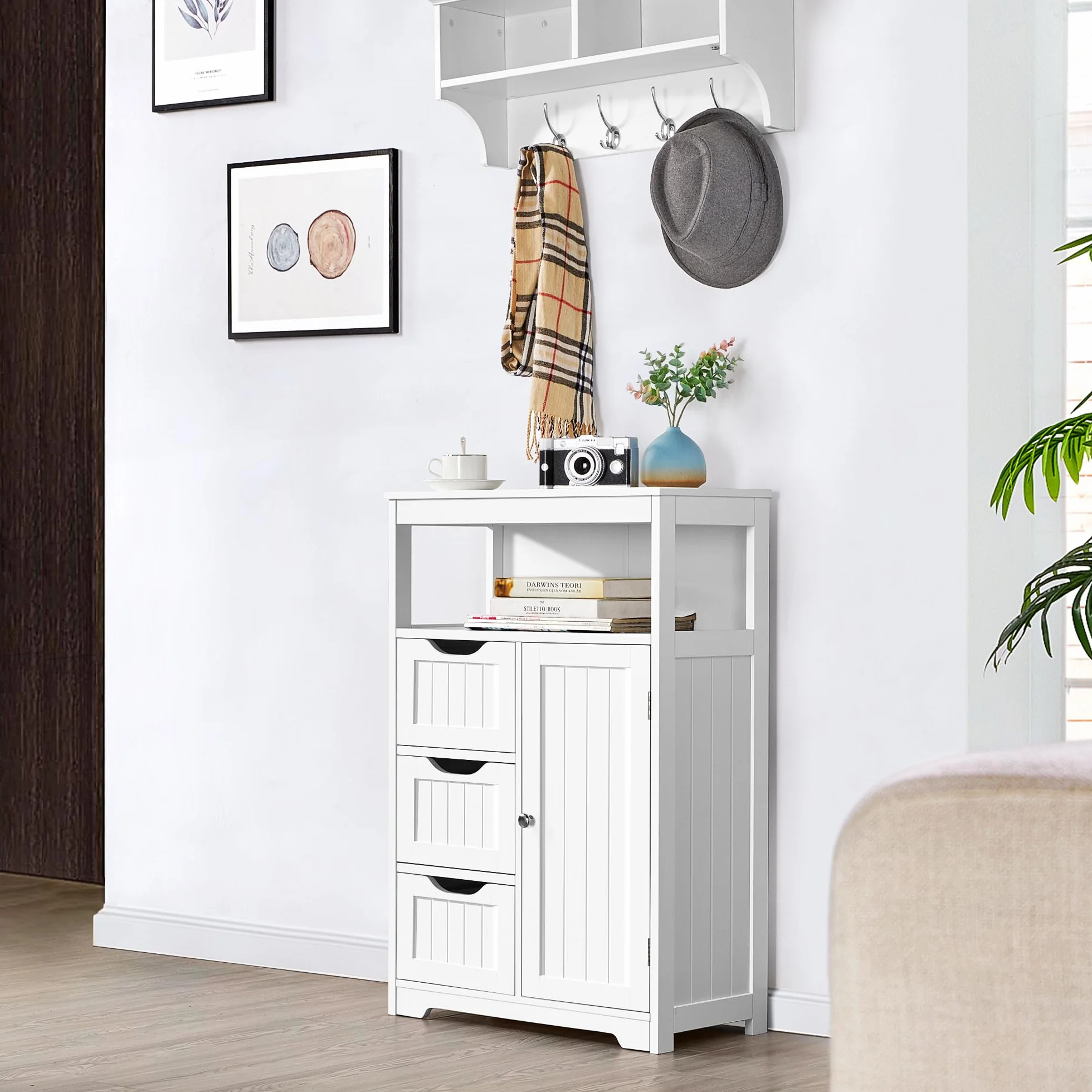 Yaheetech Meuble/Commode de Salle de Bain en Bois, 55,5 x 29,5 x 86,5 cm, avec 3 Tiroirs, 1 Placard, 1 Compartiment Ouvert, Salon, Cuisine, Couloir Blanc