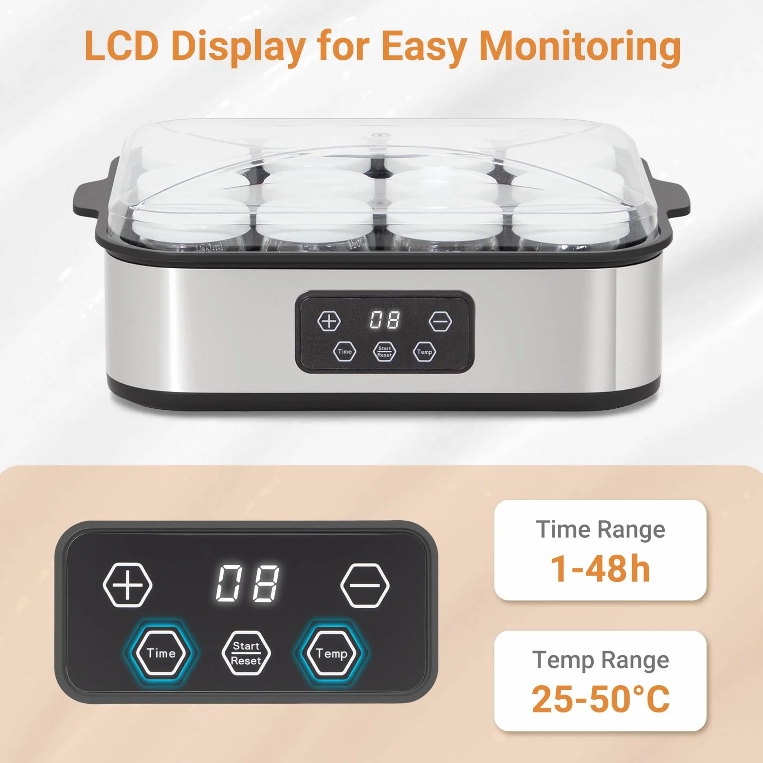 Todeco Yaourtière Électrique avec 12 Pots en Verre de 180ml, Machine à Yaourt Maison en Acier Inoxydable, Écran LCD, Thermostat Réglable et Minuterie, pour Préparer du Yaourt Grecs et Aromatisés