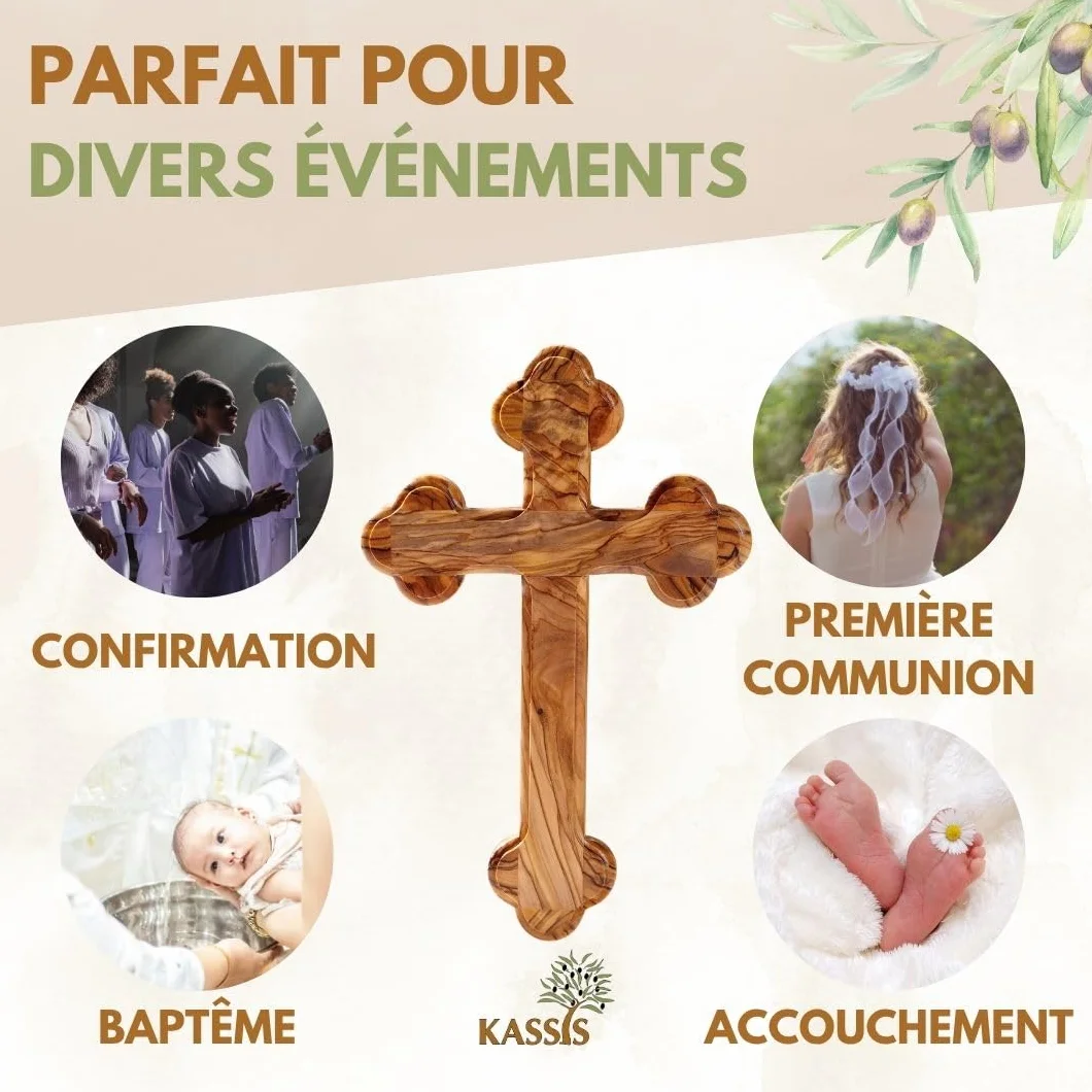 Croix murale en bois d'olivier – Croix chrétienne faite main à Bethléem – 12 x 8 cm, Bords arrondis