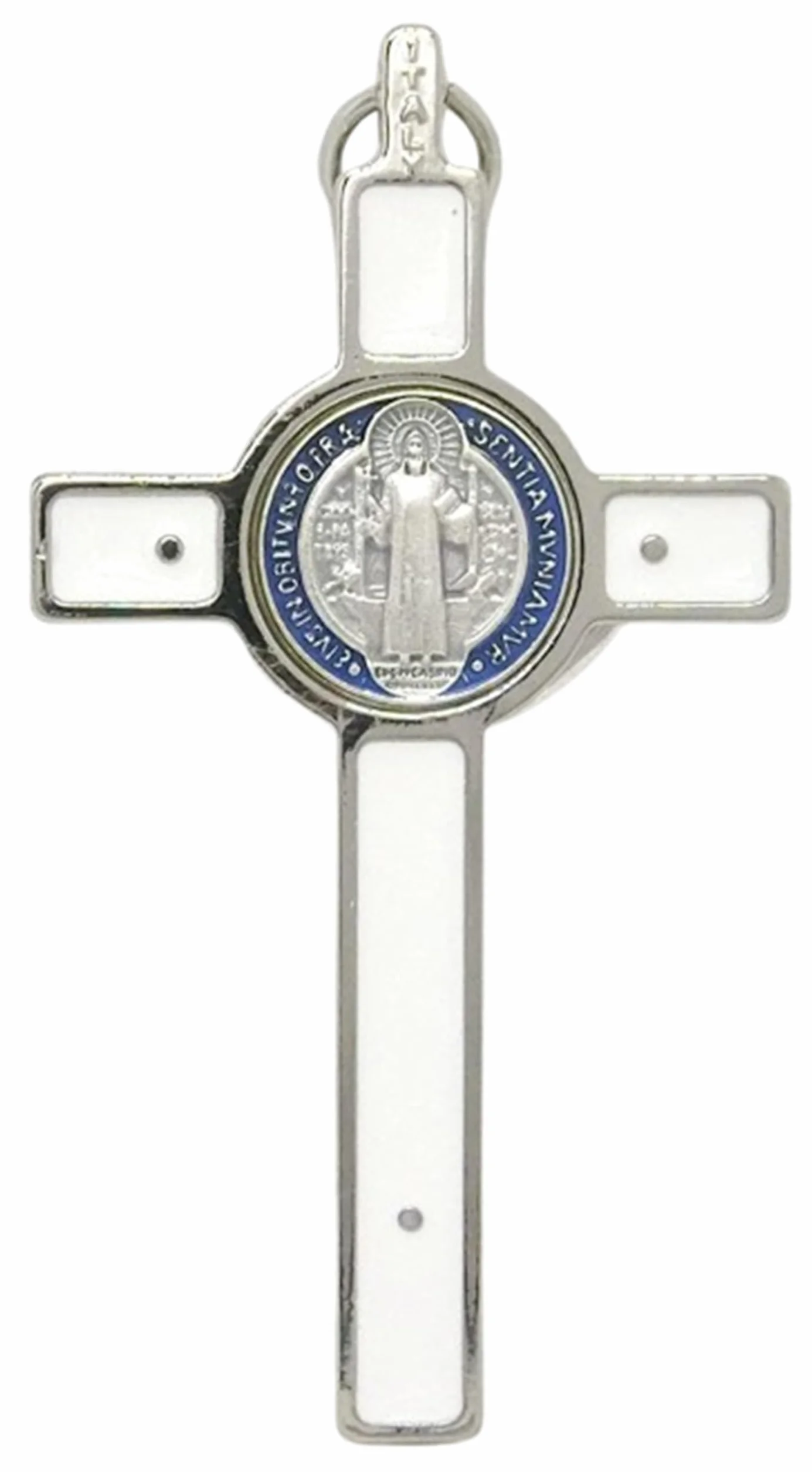 GTBITALY Croix de Saint Benoît Deluxe 8 cm blanche médaille INRI émaillée argentée exorcisme