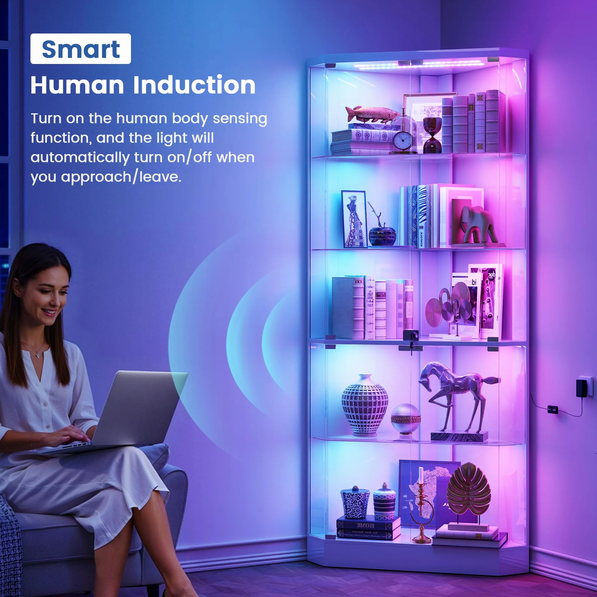 Lvifur Vitrine d'angle 5 Niveaux avec capteur Humain et Portes vitrées pour Chambre à Coucher, Bureau, vitrine 175 cm, vitrine en Verre avec éclairage LED pour vitrine de Collection et Salon, Blanc