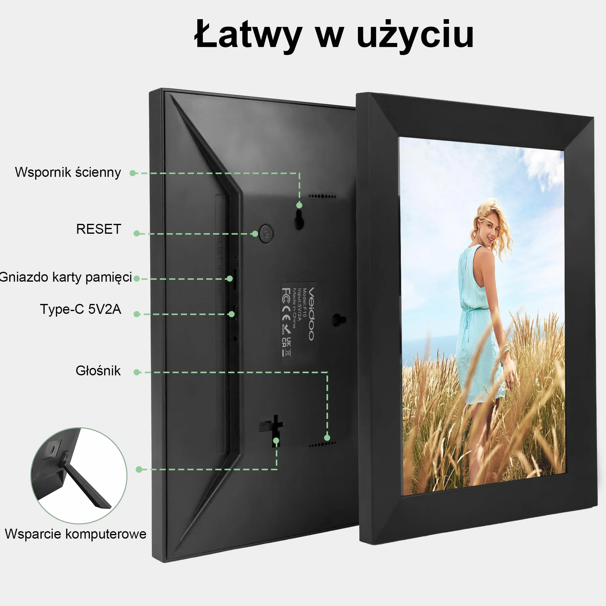 Veidoo Frameo 10,1 cala 32GB WiFi – cyfrowa ramka na zdjęcia, ekran dotykowy HD IPS 1280x800, automatyczna rotacja, udostępnianie zdjęć przez aplikację Frameo i synchronizacja kalendarza