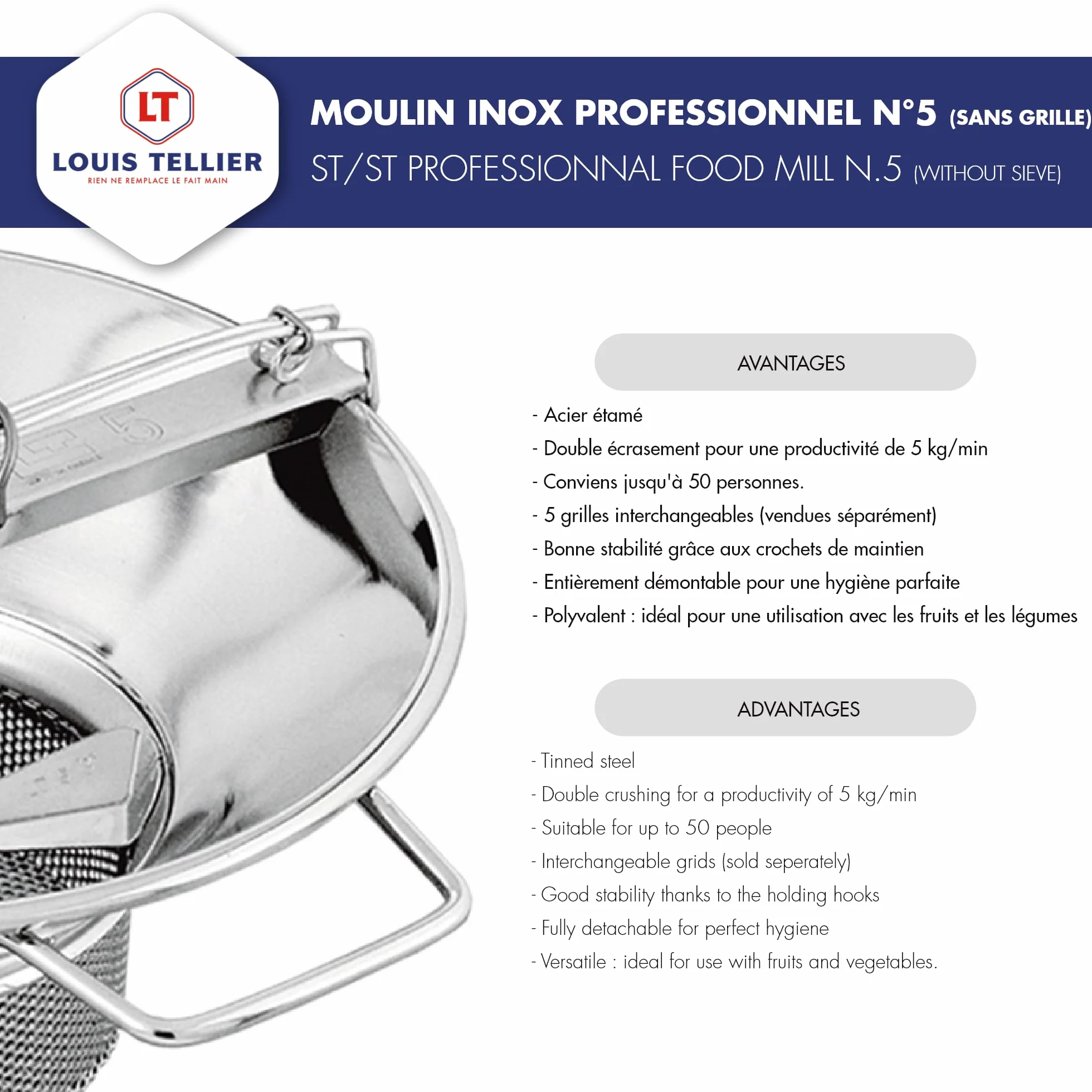 Louis Tellier Moulin Étamé Professionnel N°5 Sans Grille | Moulin professionnel à double écrasement 5 kg purées soupes compotes 1 minute