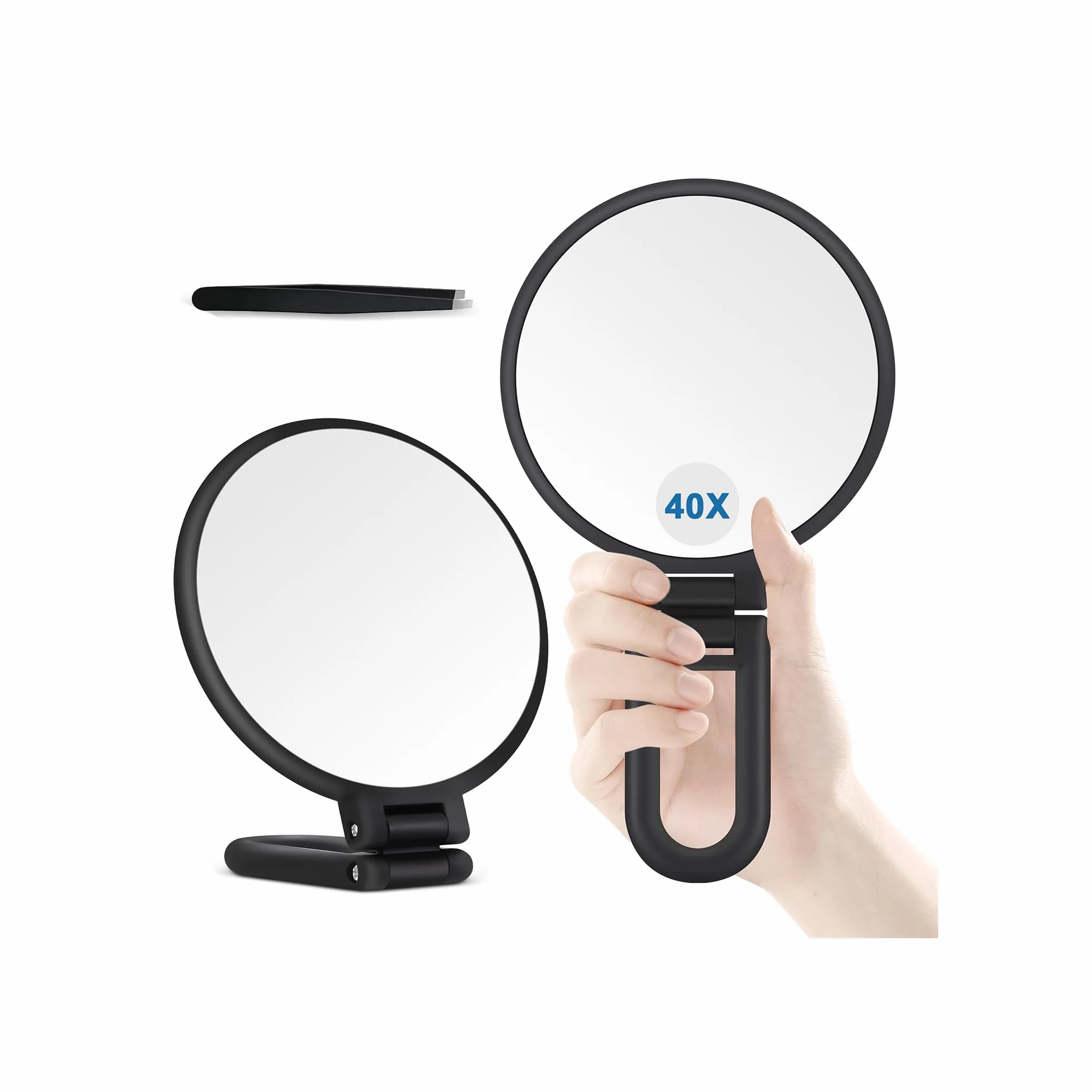 MIYADIVA Miroir Grossissant 40X Double Face Pliable Portable pour Maquillage, Noir Mat