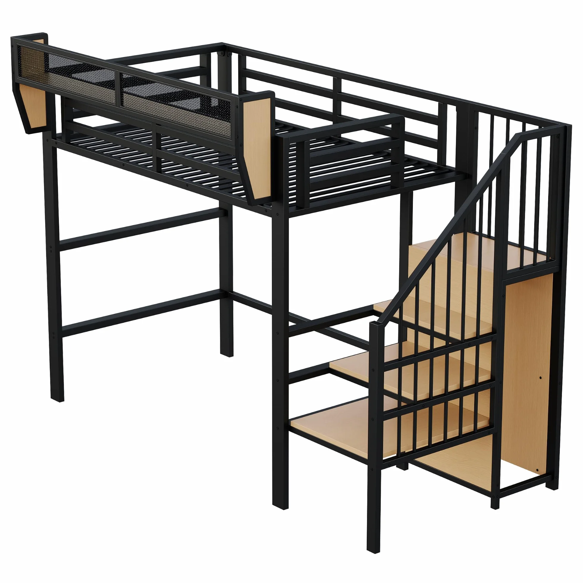 Merax Lit Mezzanine 90x200 cm en métal, avec échelle sécurisée, étagère de Rangement Amovible, lit surélevé Adulte/Enfant, Noir (sans Matelas)