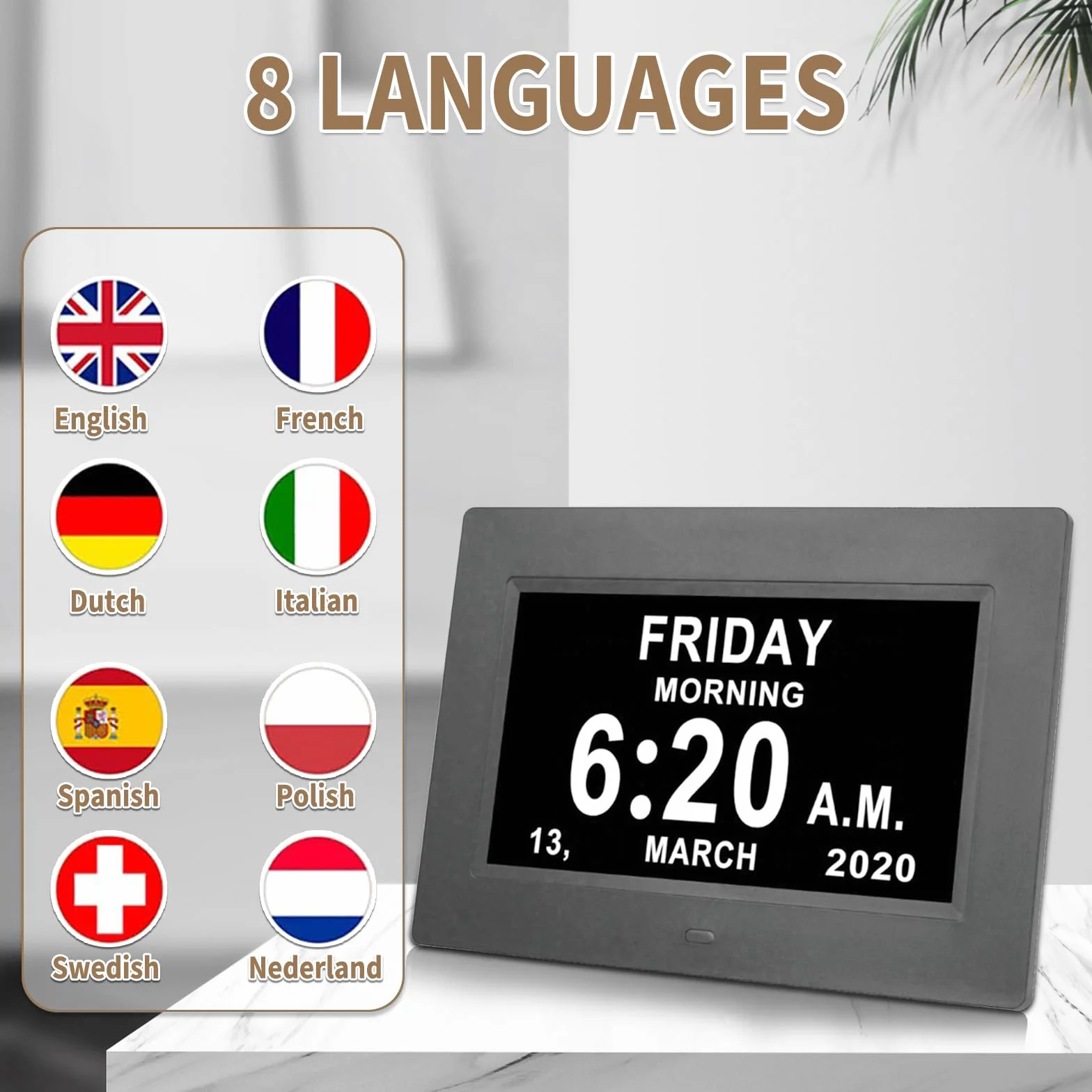 VHV 7 Pouces LCD Horloge Numérique Calendrier avec Date Jour Heure Auto Dimming 8 Langues HD Display Rappel Alzheimer Personnes Âgées Enfants Blanc