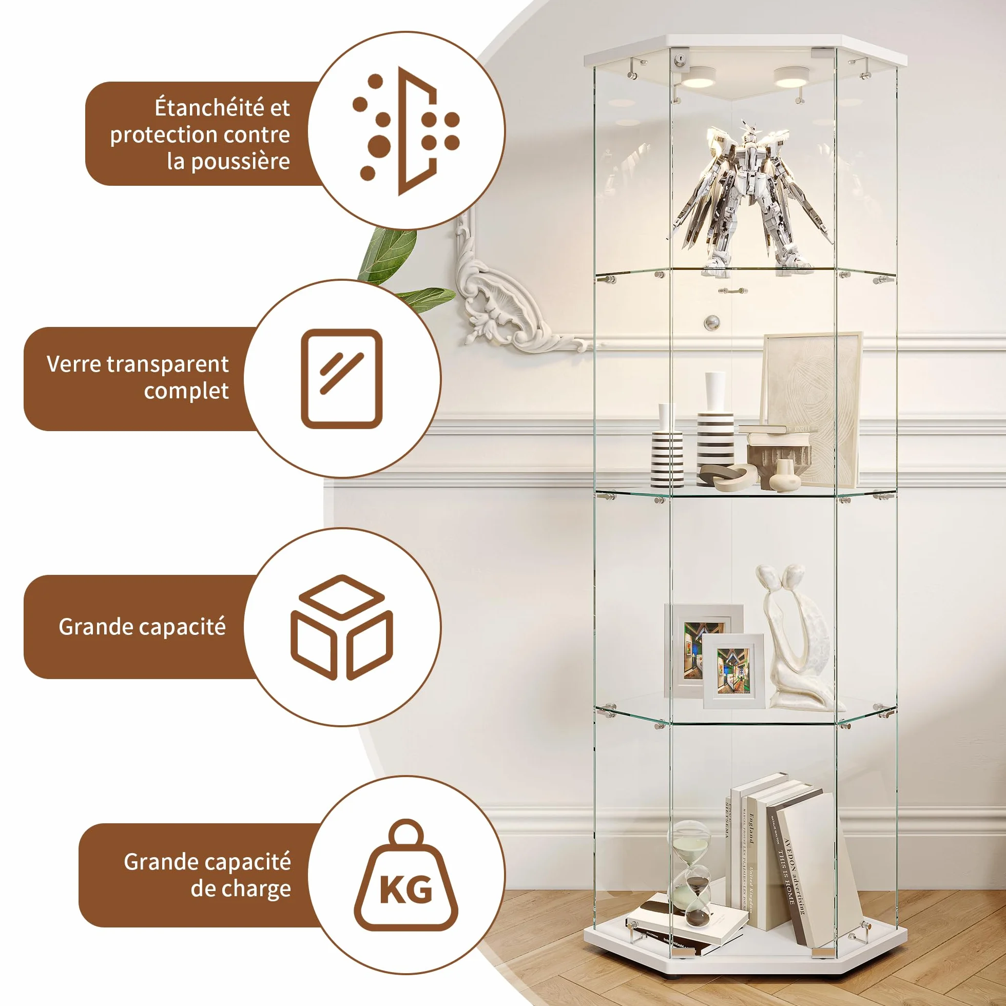 Vitrine en Verre,Vitrines d'angle en Verre avec LED,Hauteur de 162 cm Armoire de Collection en Verres à 4 Couches avec 1 Porte, vitrine trempé Transparent Moderne pour Salon, Chambre à Coucher, Bureau