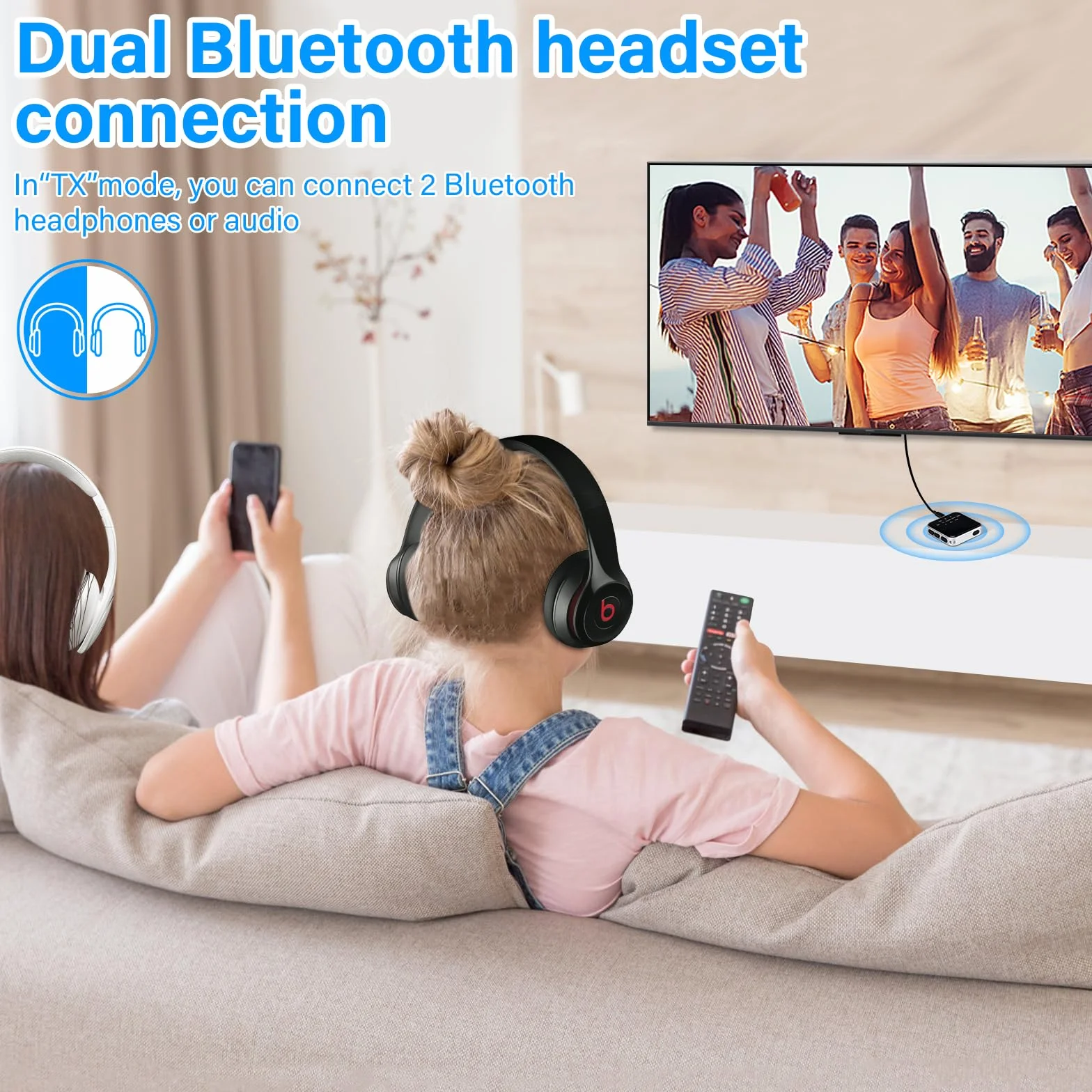 Nadajnik TV Bluetooth, odbiornik Bluetooth 5.2 z kablem audio 3,5 mm, nadajnik odbiornika Bluetooth o niskiej latencji, podwójne wyjścia AUX dla słuchawek, TV, sprzęt głośnikowy