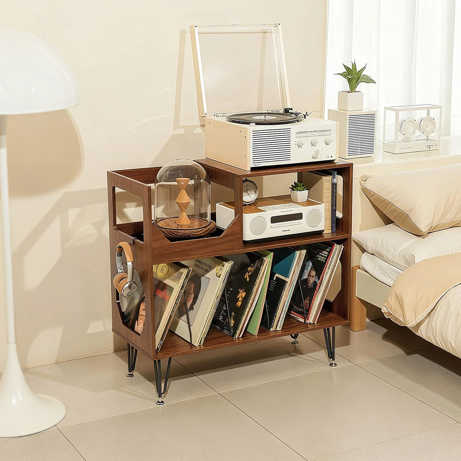 ikkle Grand support de tourne-disque rustique à 2 niveaux avec rangement de disques vinyle, armoire de rangement en vinyle avec pieds en métal, support pour salon, chambre à coucher, peut contenir 370