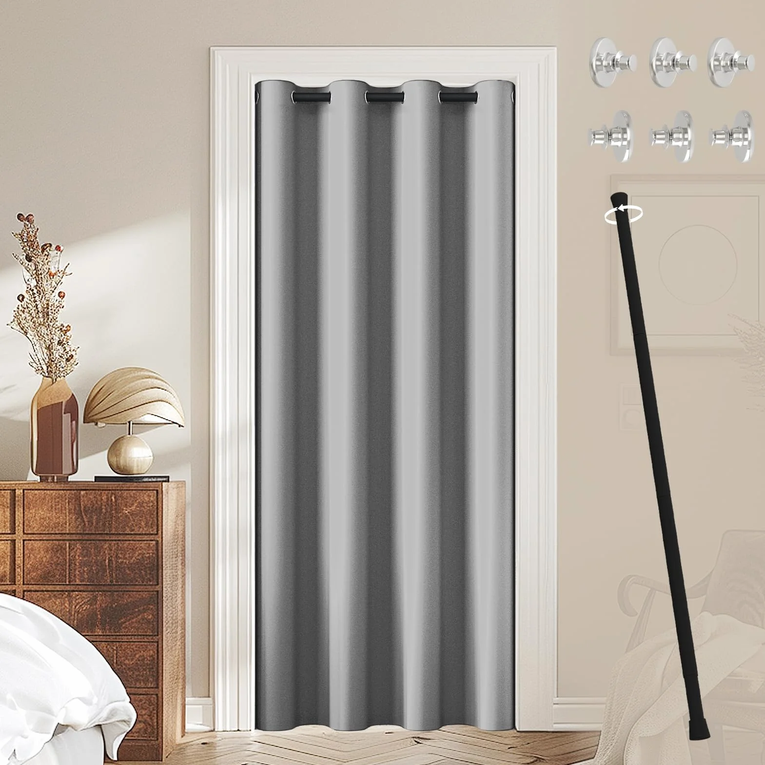 Rideau Thermique Isolant Anti Froid avec Tringle Extensible, 195x132 cm, Gris Argenté