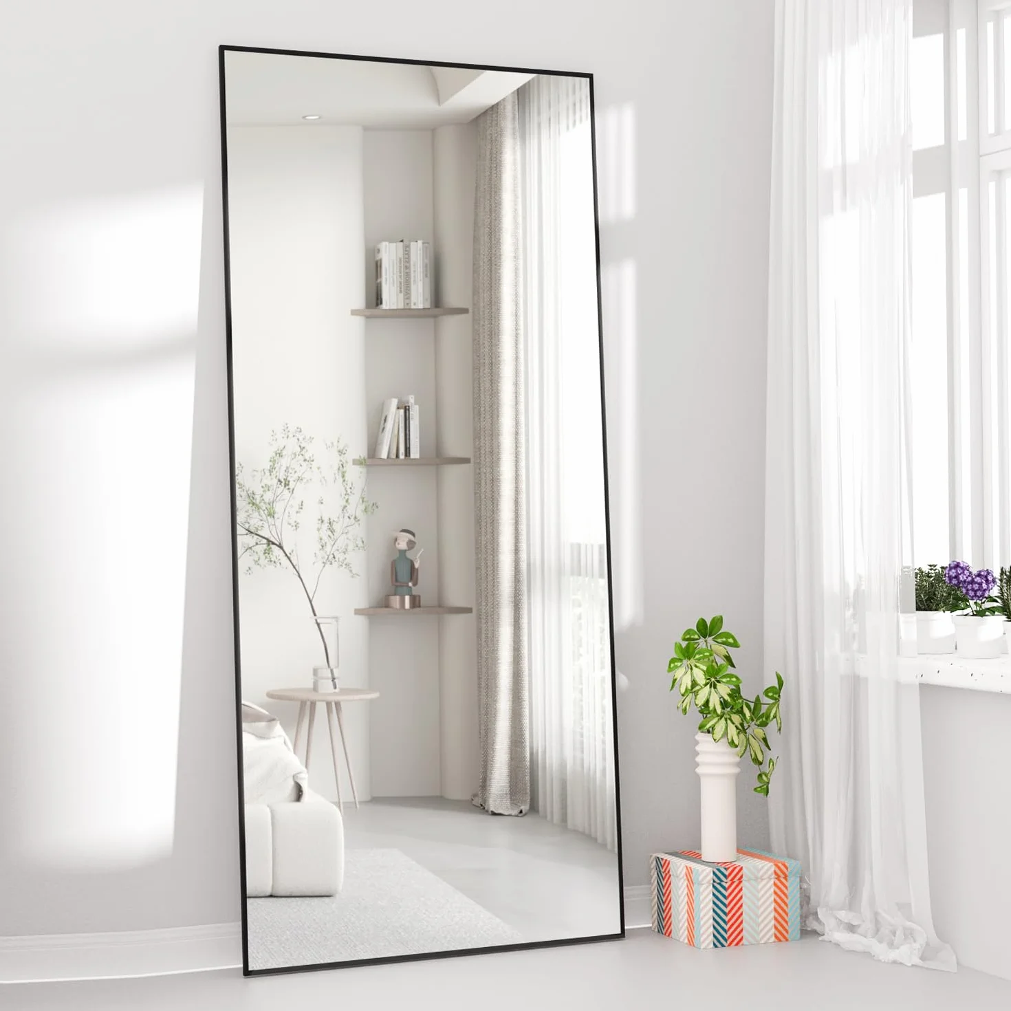 Miroir Pleine Longueur 165 x 60 cm Grand Miroir Rectangulaire Noir pour Chambre à Coucher, Salon, Debout ou Appuyé Contre Le Mur Cadre en Alliage d'aluminium