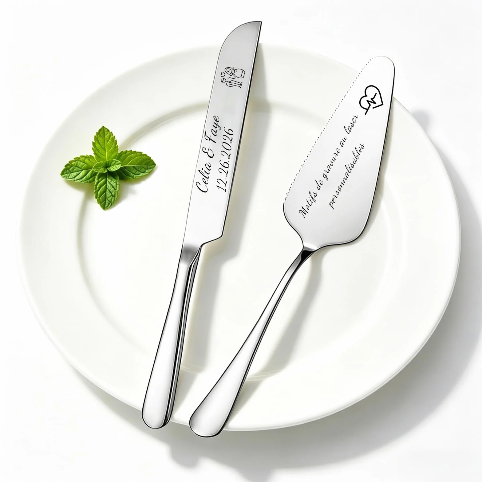 Service à Gâteau Mariage Pelle à Tarte Couteau Acier Inoxydable Argenté Cadeau Romantique