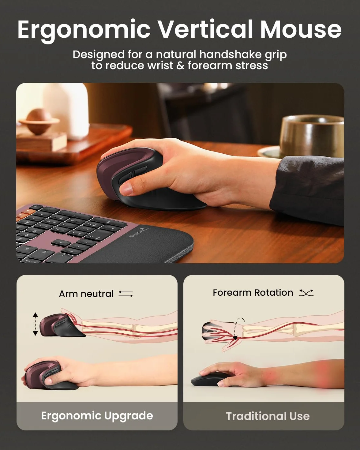 ProtoArc EM11 NL Ergonomiczna mysz pionowa, bezprzewodowa, ładowalna mysz z 3 urządzeniami (2 x Bluetooth + USB), pionowa mysz bezprzewodowa do komputera, iPada, Maca, Windows, czarno-czerwona