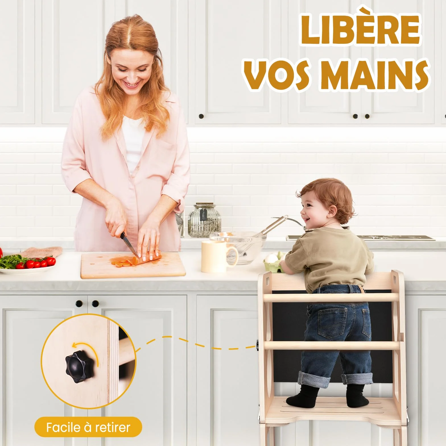 Woodure Tour d'apprentissage Montessori 4 en 1, Tour d Observation Enfant Pliable avec Tableau Noir, Tabouret de Cuisine en Bois pour Enfants, Cadeaux pour garçons et Filles de 1 à 3 Ans