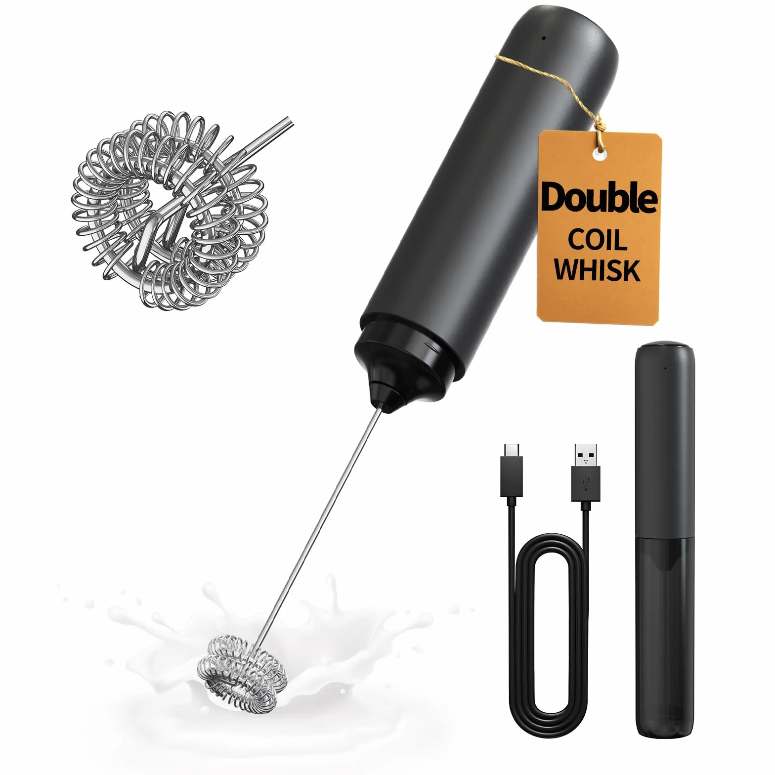 Mousseur à Lait Électrique Rechargeable sans Fil pour Café Latte Cappuccino Noir