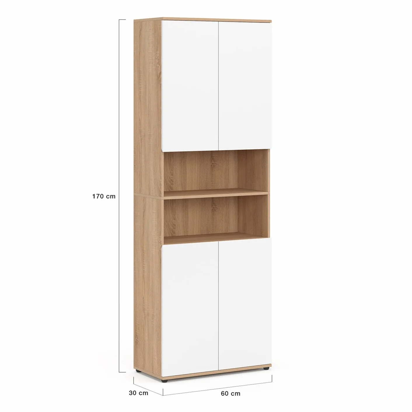 IDMarket - Meuble Armoire Colonne Salle de Bain TOMI 4 Portes 2 niches façon hêtre et Blanc