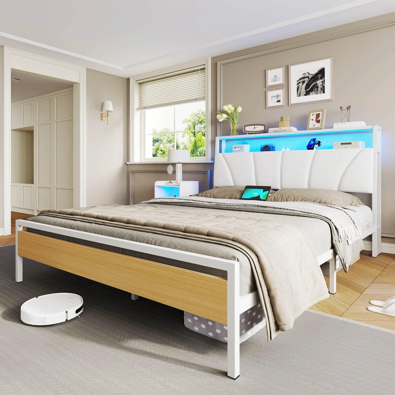 Brinlawb Cadre de Lit 140 x 190 avec Sommier en Métal, Lit 2 Personnes avec Lumières LED et Multiprise (2 Prises AC,2 Ports USB) lit Double 140x190cm avec Rangement, Facile à Assembler, Moderne, Blanc
