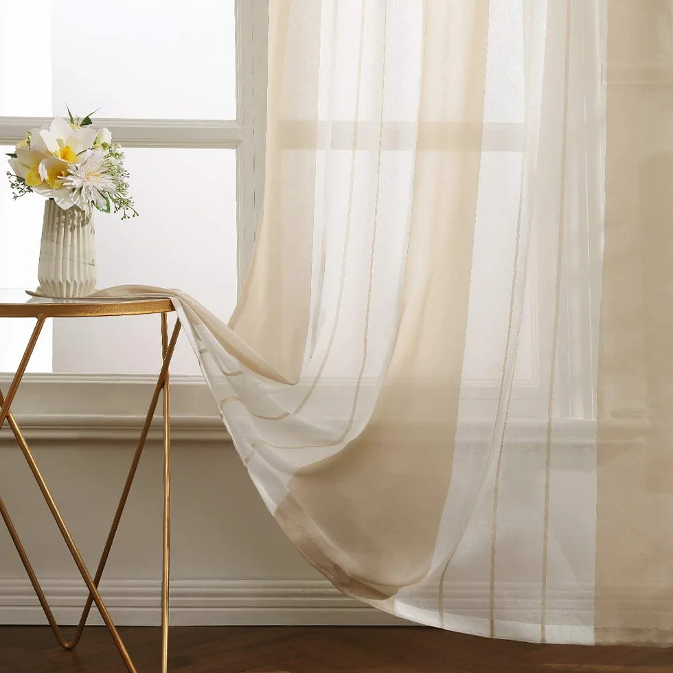 MIULEE Rideaux Voilage à Rayures Blancs et Beige, Voilage Fenêtre avec Oeillets, Hauteur 245 cm, Lot de 2