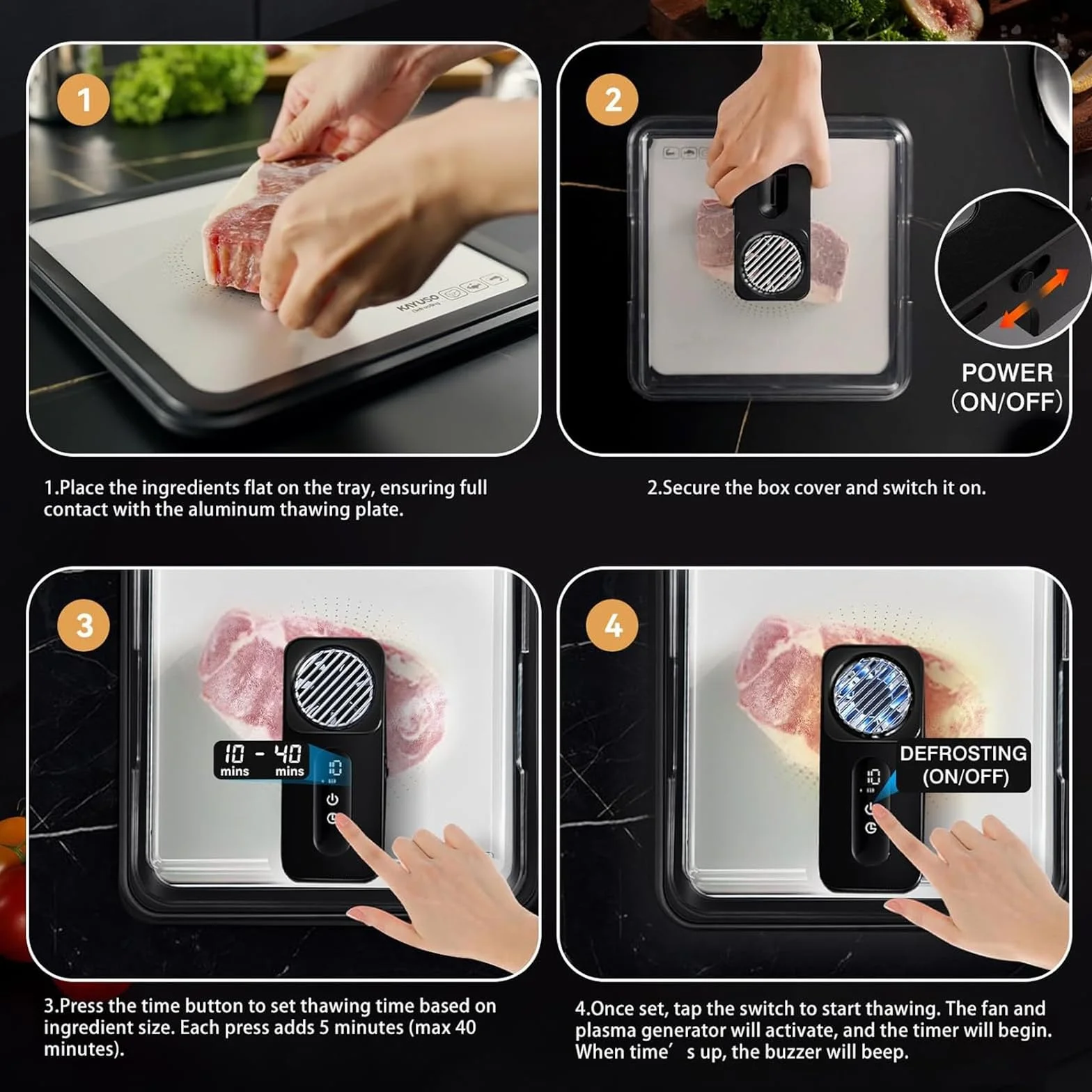 Planche de décongélation électrique – Plateau de décongélation de viande de 4,2 L – Décongélation rapide en 10 minutes – Rechargeable par USB, pas besoin d'eau pour la viande congelée, les fruits de