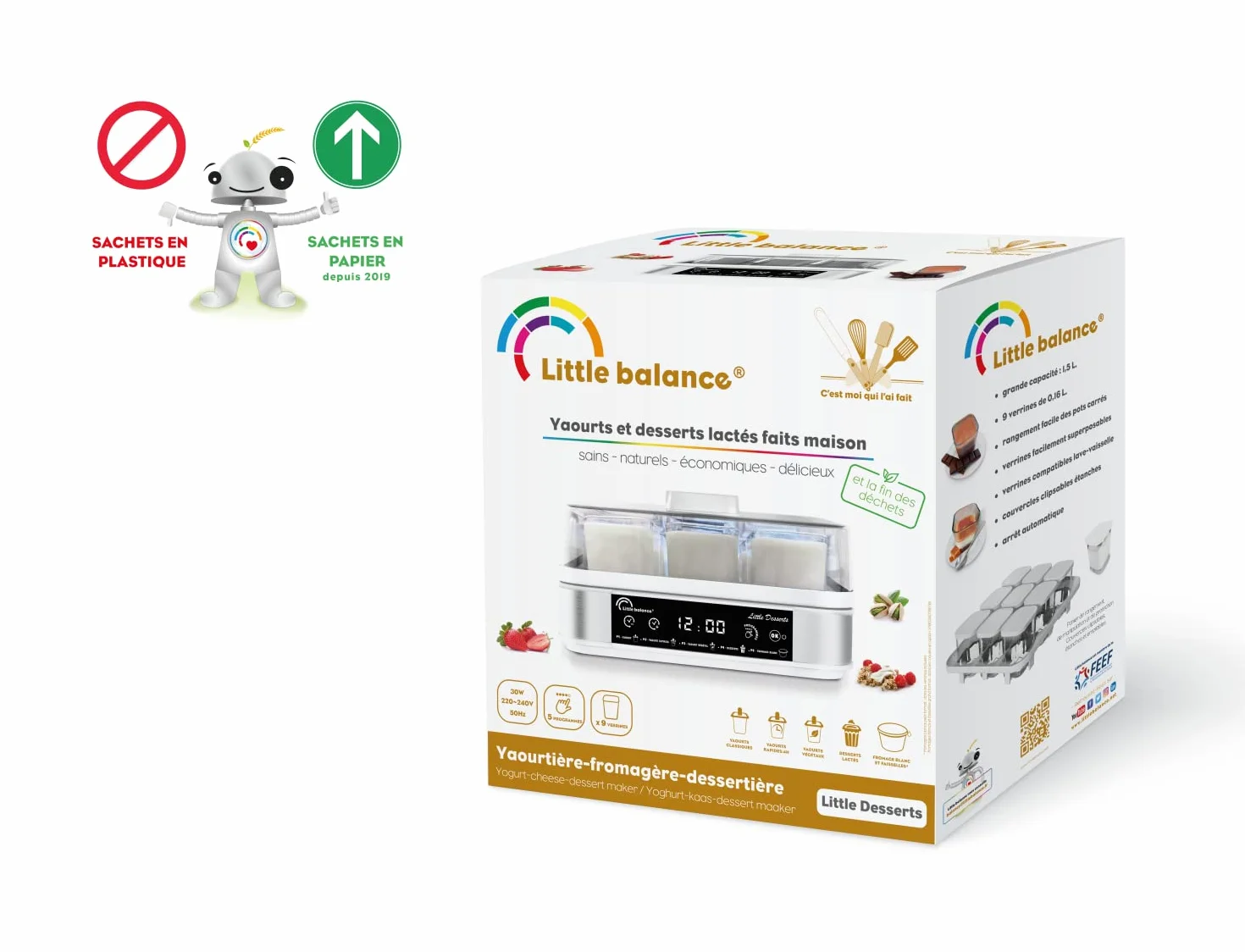 LITTLE BALANCE 8448 Yaourtière Dessertière, Yaourts Desserts Fromages blancs faits maison, 5 programmes automatiques, 9 pots en verre 145 ml, Blanc/inox