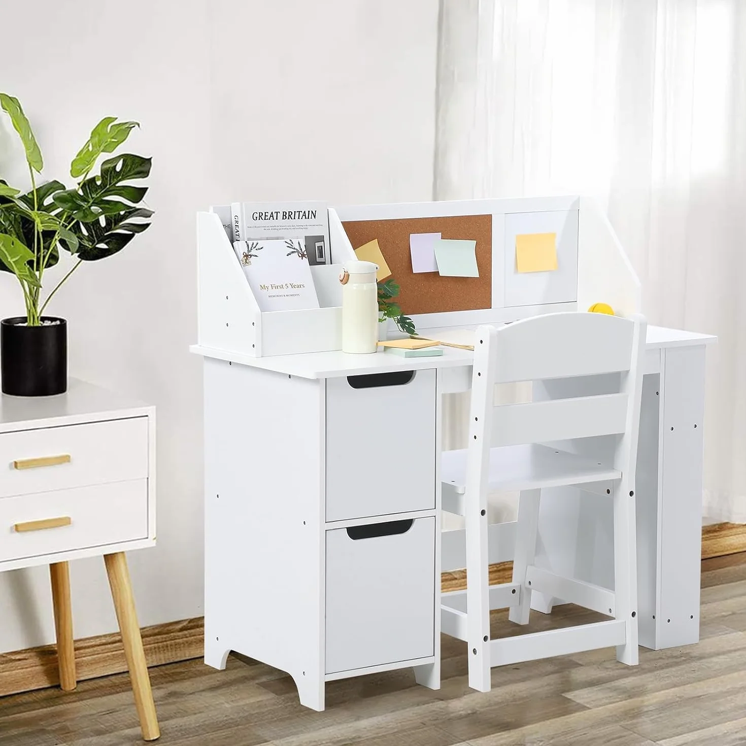 Bureau d'étude et Chaise pour Enfants, Table d'apprentissage en Bois avec Rangement, huche et Tableau d'affichage, Bureau d'ordinateur avec Chaise pour garçons et Filles âgés de 3 à 8 Ans