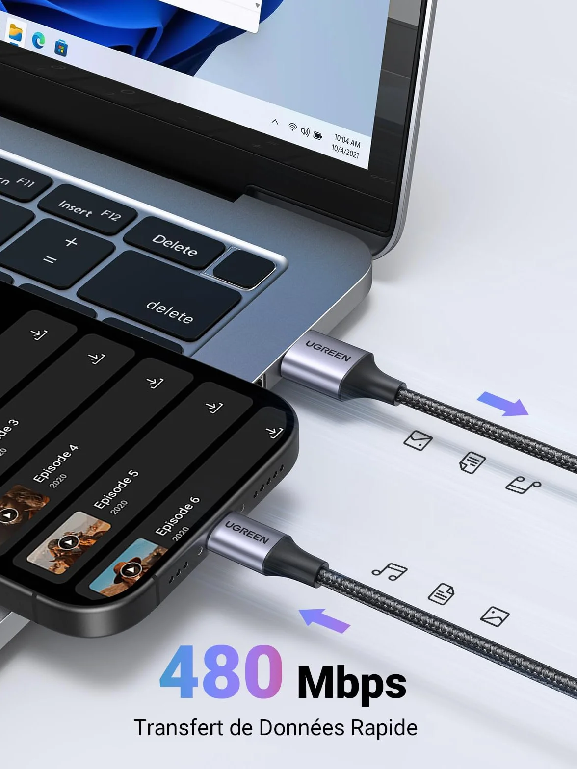 UGREEN Câble USB C Charge Rapide 3A QC3.0 480Mbps Nylon Tressé Compatible iPhone 16 15 Pro Max Plus Galaxy S25 S24 A16 A56 Xiaomi Note 15 14 Pixel 10 9 iPad 0.5M