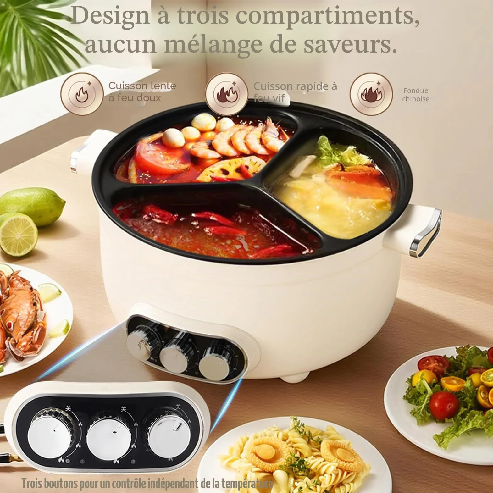 Hot Pot électrique, 5.3L Casserole Électrique, 1000W Poêle Multifonctionnelle Antiadhésive avec Chauffage Rapide & 3 Compartiments, Marmite Portable Électrique pour Frire Ramen Fondue Soupe