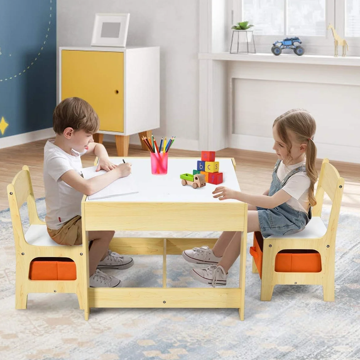 GOPLUS Table Enfant avec 2 Chaises 3-en-1 Petite Table de Dessin Réversible Double Face Tableau Noir Bureau Enfant Polyvalente