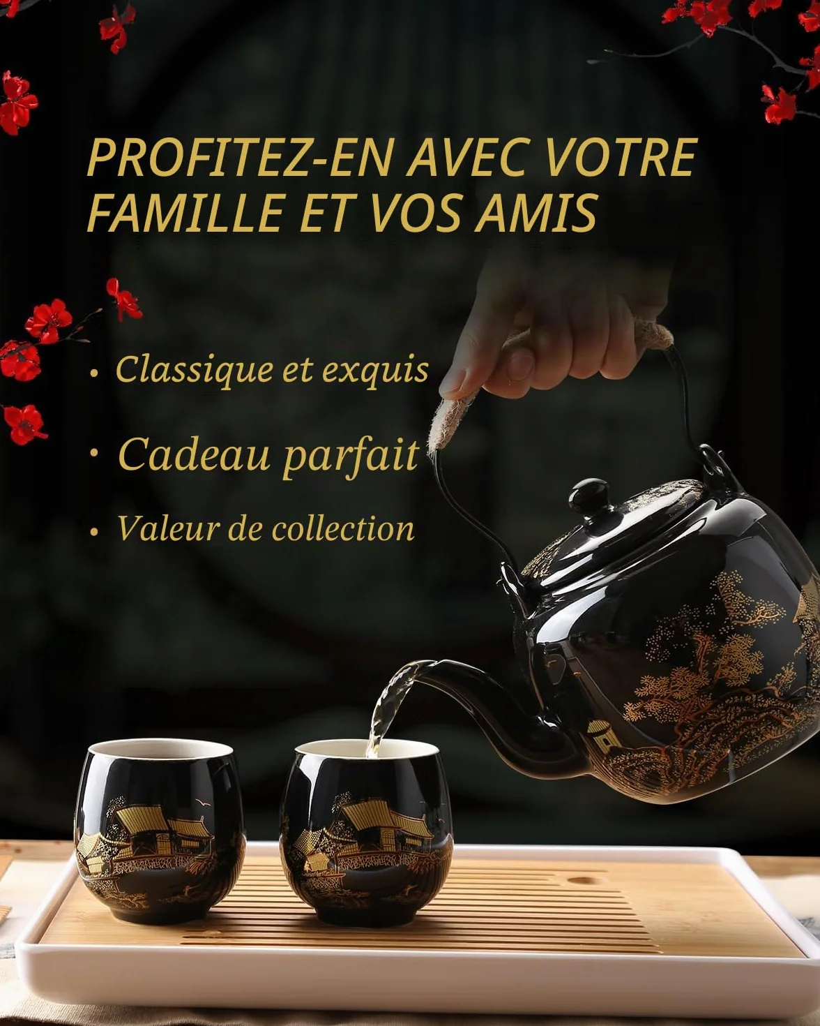DUJUST Magnifique Service à Thé Japonais, en Porcelaine Noire avec 1 Théière, 6 Tasses, 1 Plateau, 1 Infuseur, Asiatique pour Amateur de Thé (Campagne Dorée)