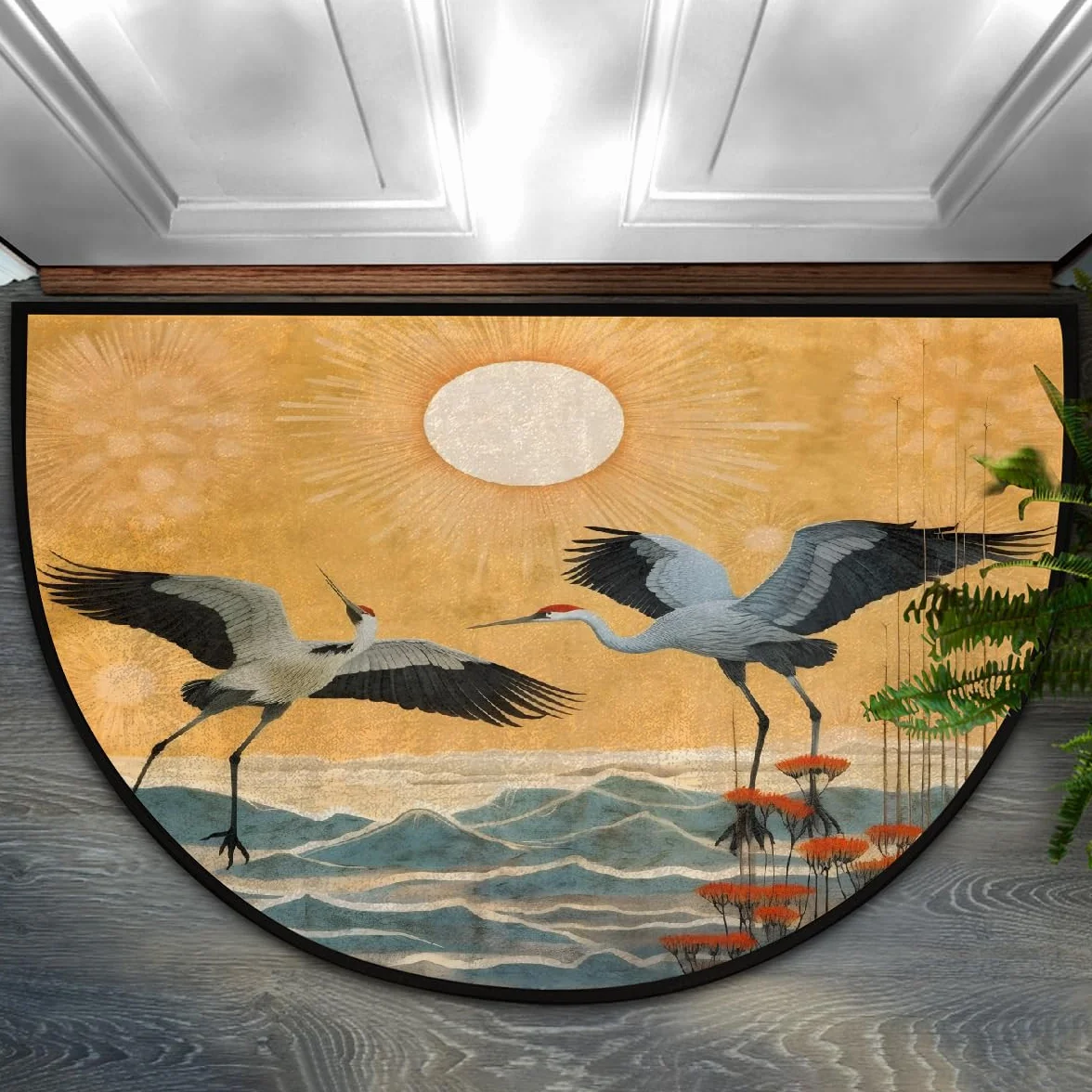 Grand paillasson vintage chinois grue oiseaux demi-lune tapis entrée 91,4 x 61 cm