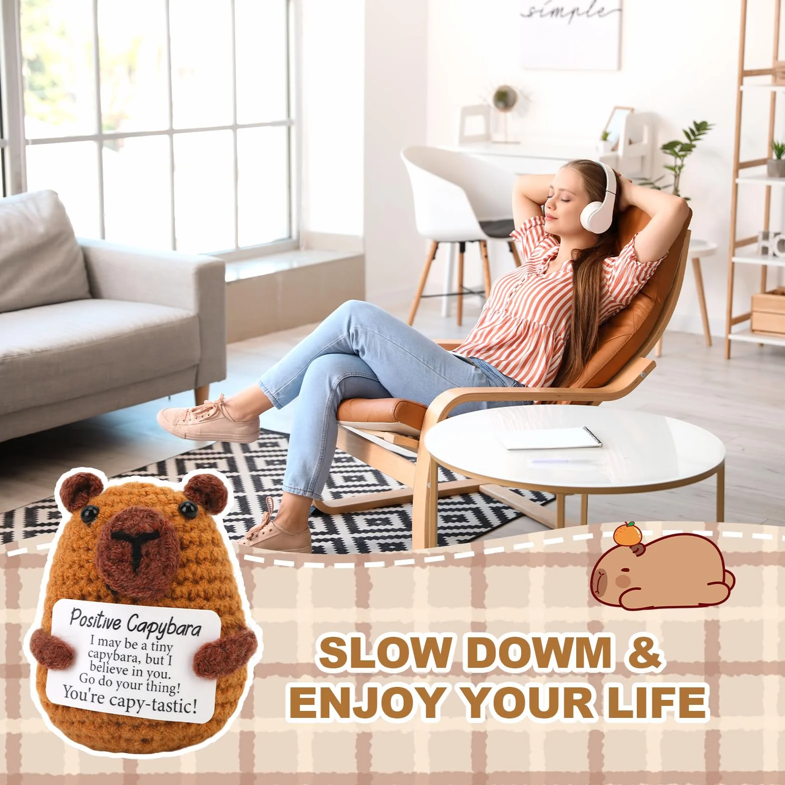 Peluche Capybara Tricoté avec Carte Motivante, Cadeau Rigolo Anniversaire pour Famille, Amis