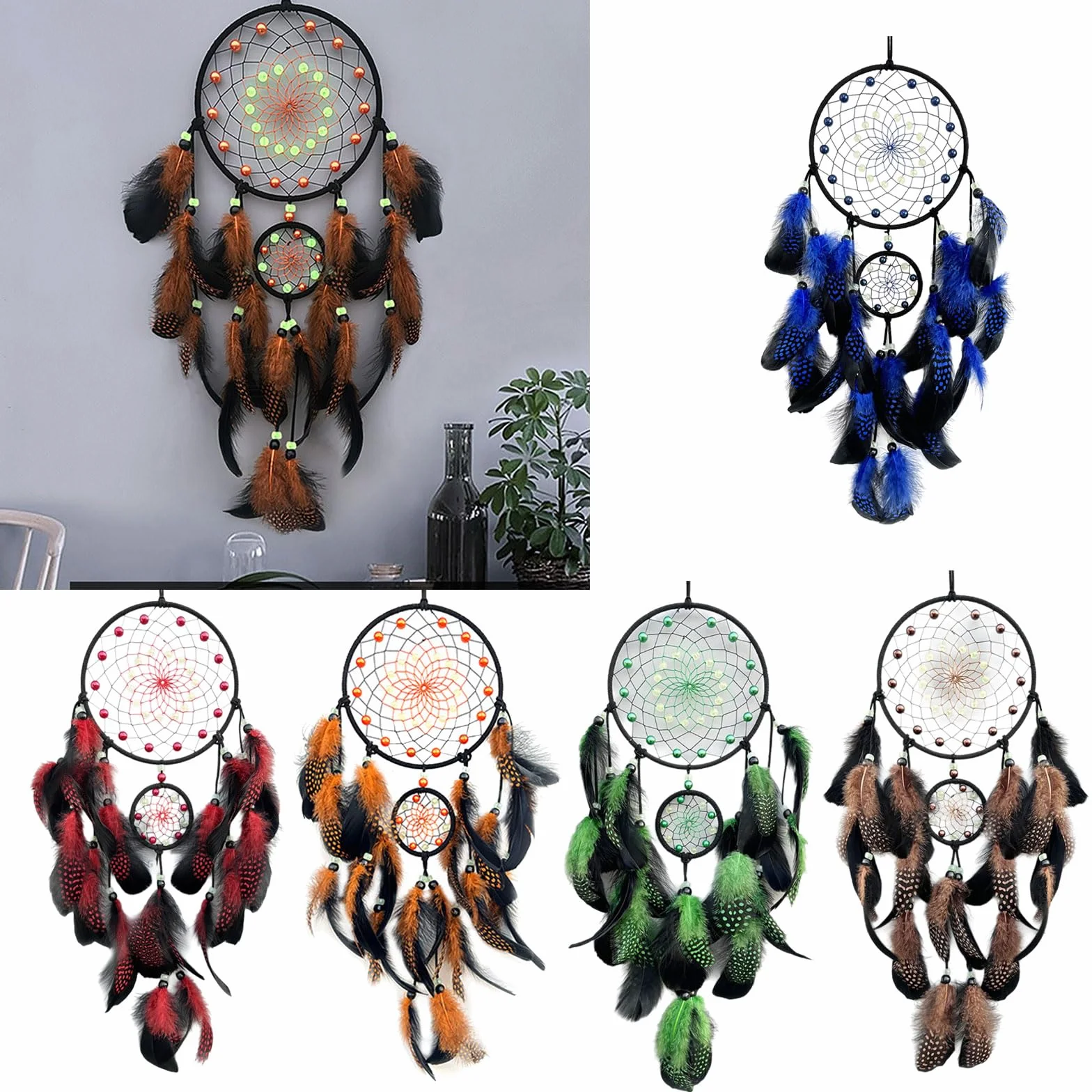 Attrape-rêves lumineux dans le noir Décoration murale avec pompons à plumes Carillon éolien chambre