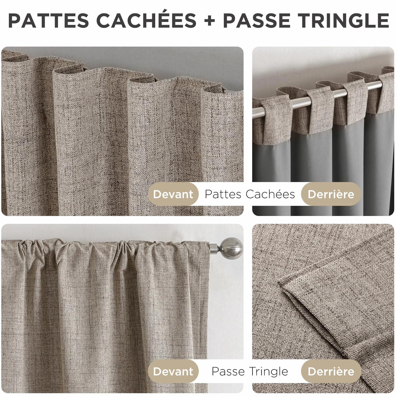 Joydeco 100% Rideau Occultant Lin 135x240 cm 2 Pièces, Double Rideaux Isolant Thermique Anti UV à Pattes Cachées et à Passe Tringle pour Décoration Chambre Salon et Protection d'Ameublement