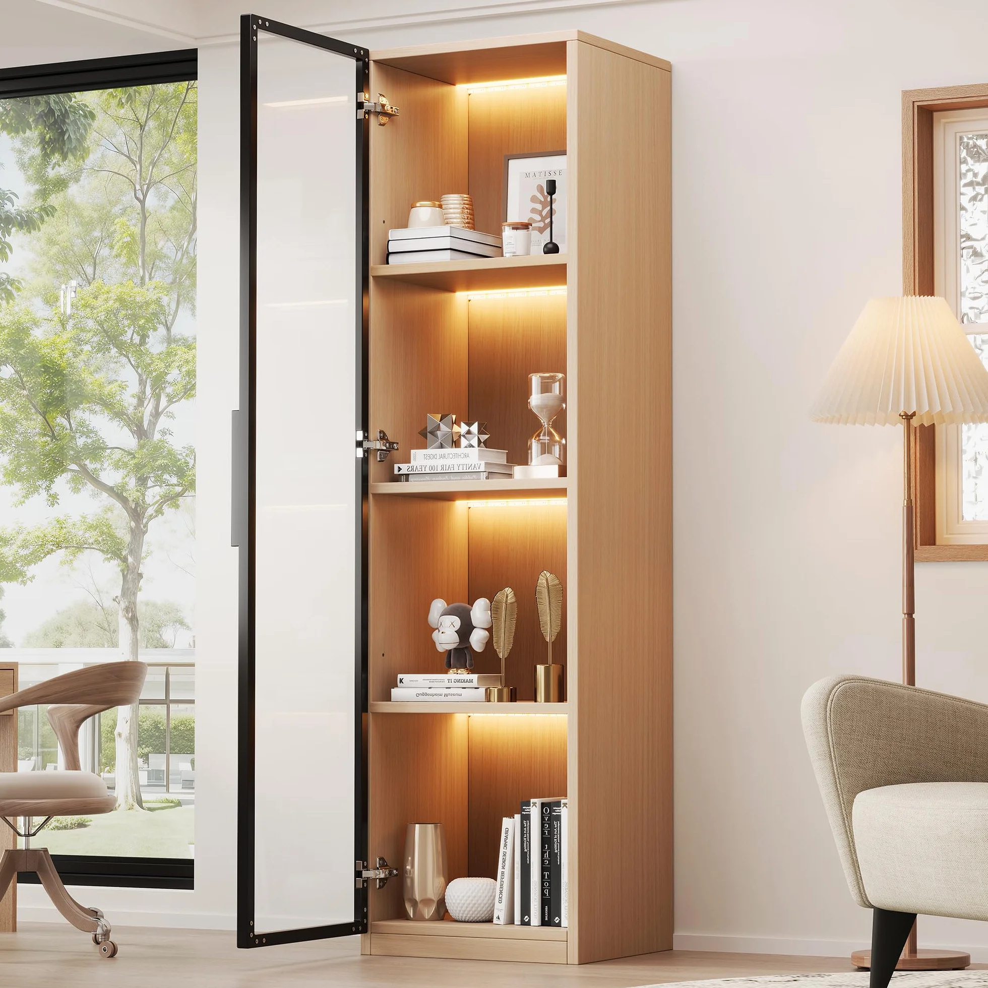 Merax Vitrine avec porte en verre 40×40×165 cm, meuble haut étroit en MDF aspect chêne, avec verre trempé, LED, meuble d'exposition pour salon bureau, couleur bois