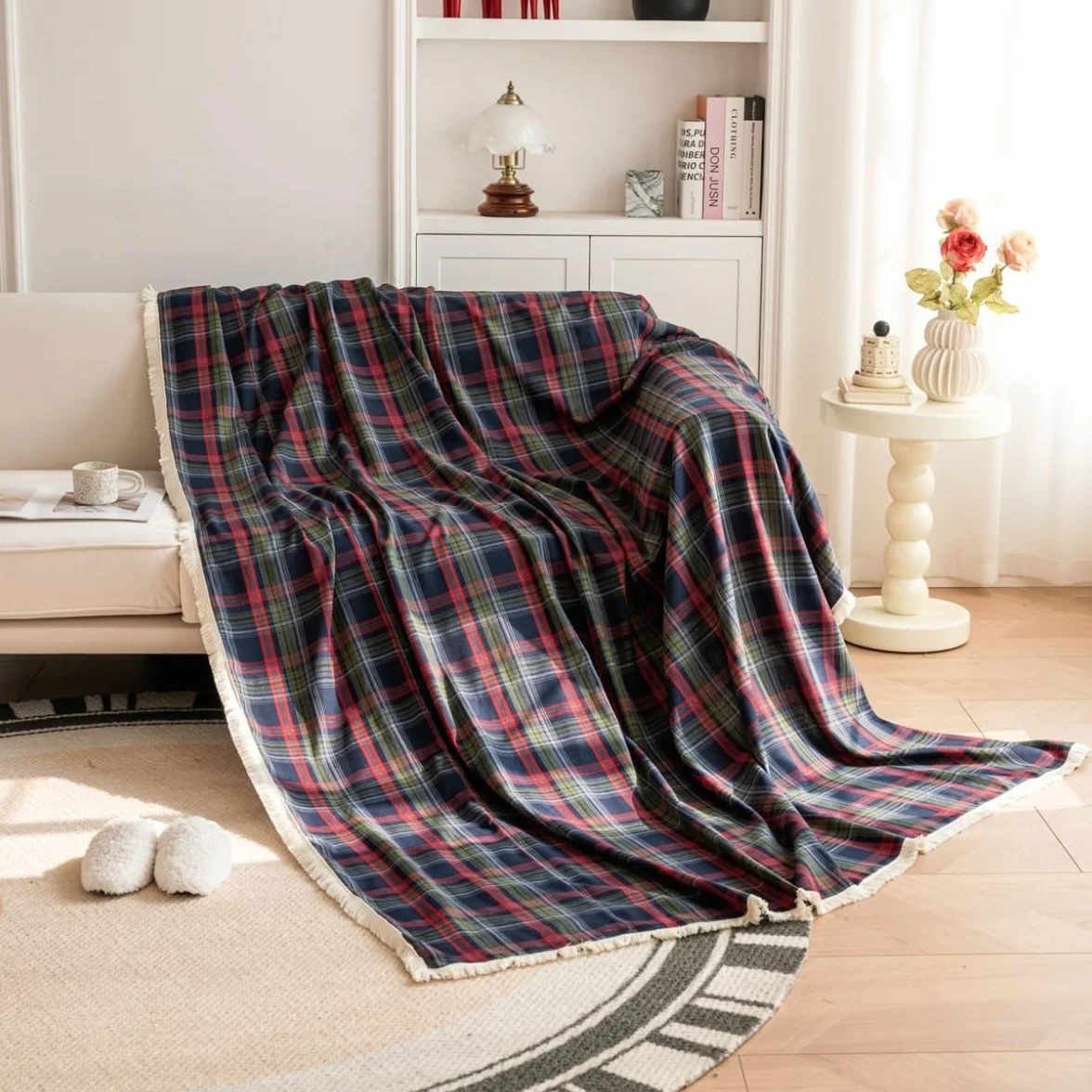 Housse de Canapé Réversible Motif à Carreaux Noël 180x230cm Bleu Foncé