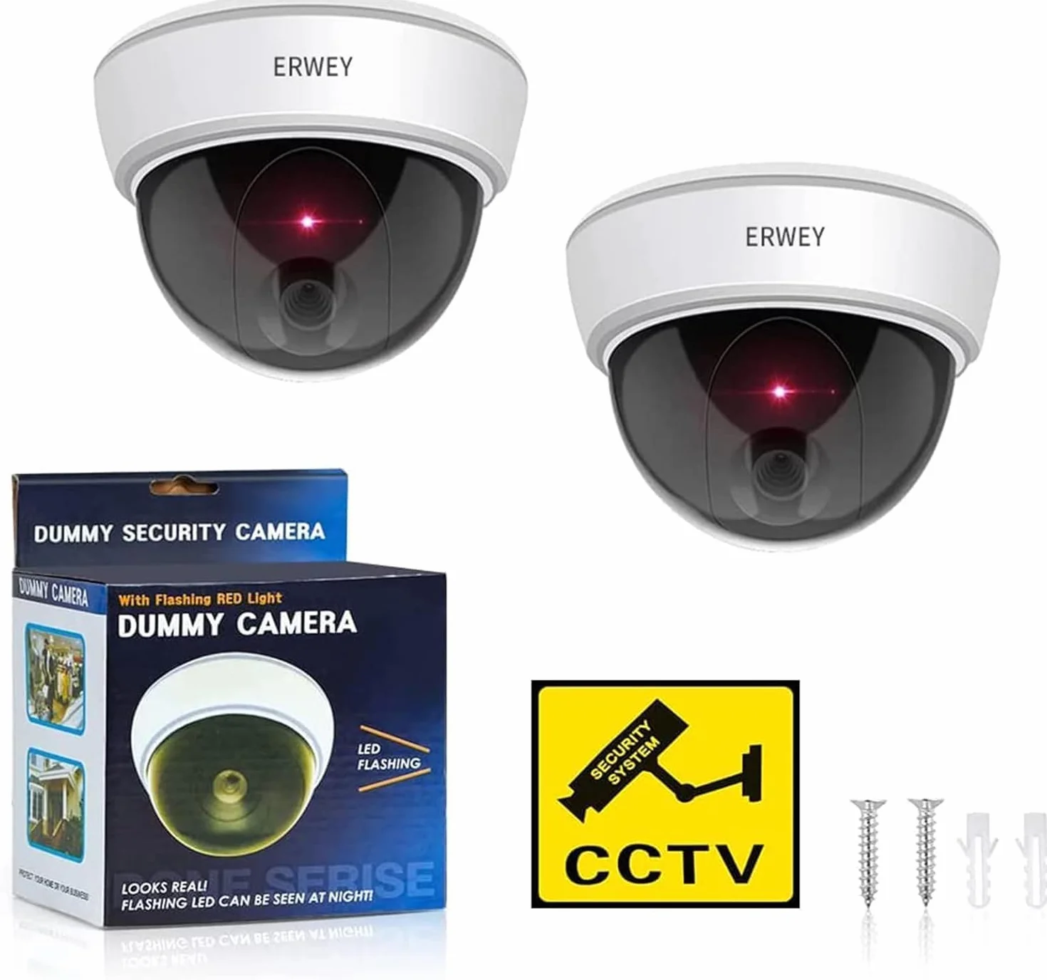 ERWEY Atrapa aparatu z obiektywem, monitoring wideo, kamera do monitoringu towarów, sztuczna kamera z czerwonym światłem LED, na ścianę, sufit, zestaw 2 szt. z perforowanym papierem