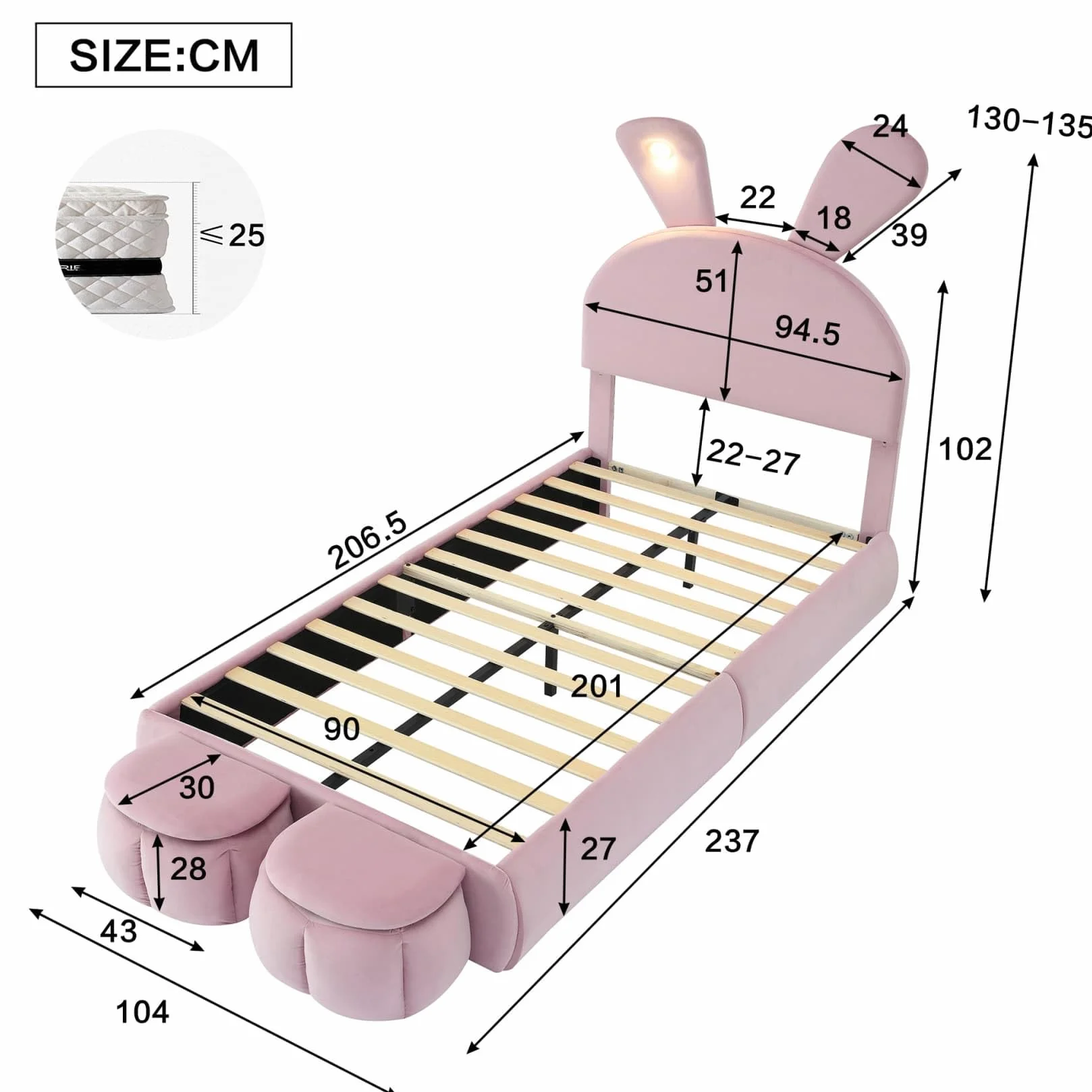 PUGSDRLY Lit Enfant 90x200 cm Lapin,Lit Une Place Rembourré avec LED Réglable,2 Bancs de Rangement,Tête Réglable,Sommier à Lattes,pour Filles,Garçons,Velours(Rose, 90x200)
