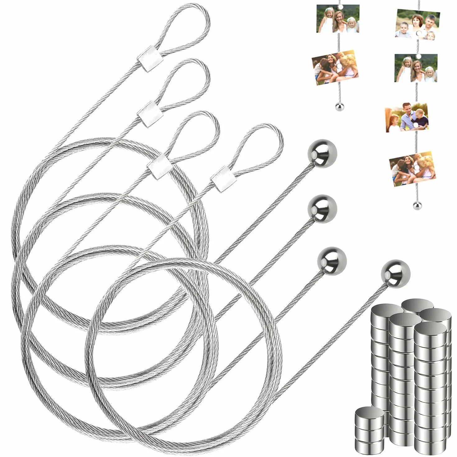Porte Photo Fil de Fer 4 Pièces Câble Photo avec 48 Aimants 200 cm x 1,5 mm Acier