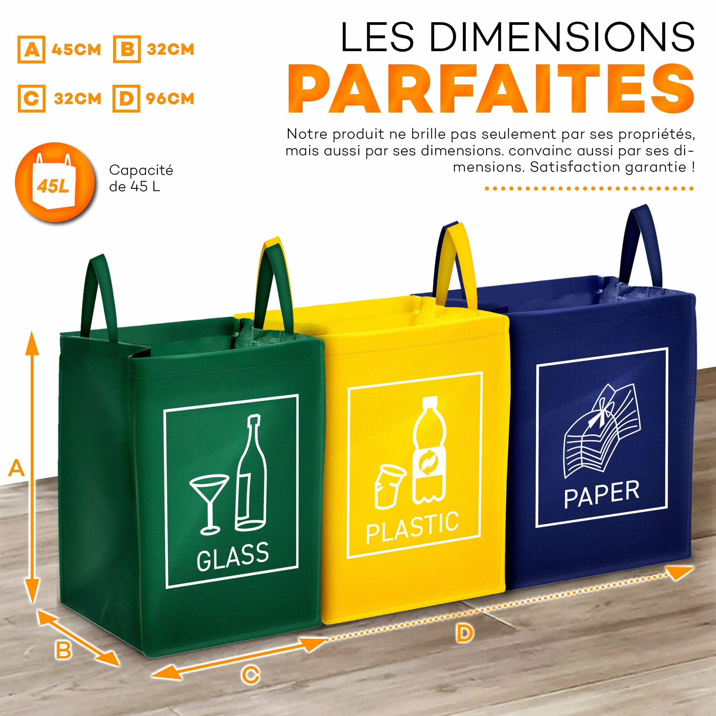 TRESKO Lot de 3 Poubelle Trieur à déchets, Vert/jaune/bleu