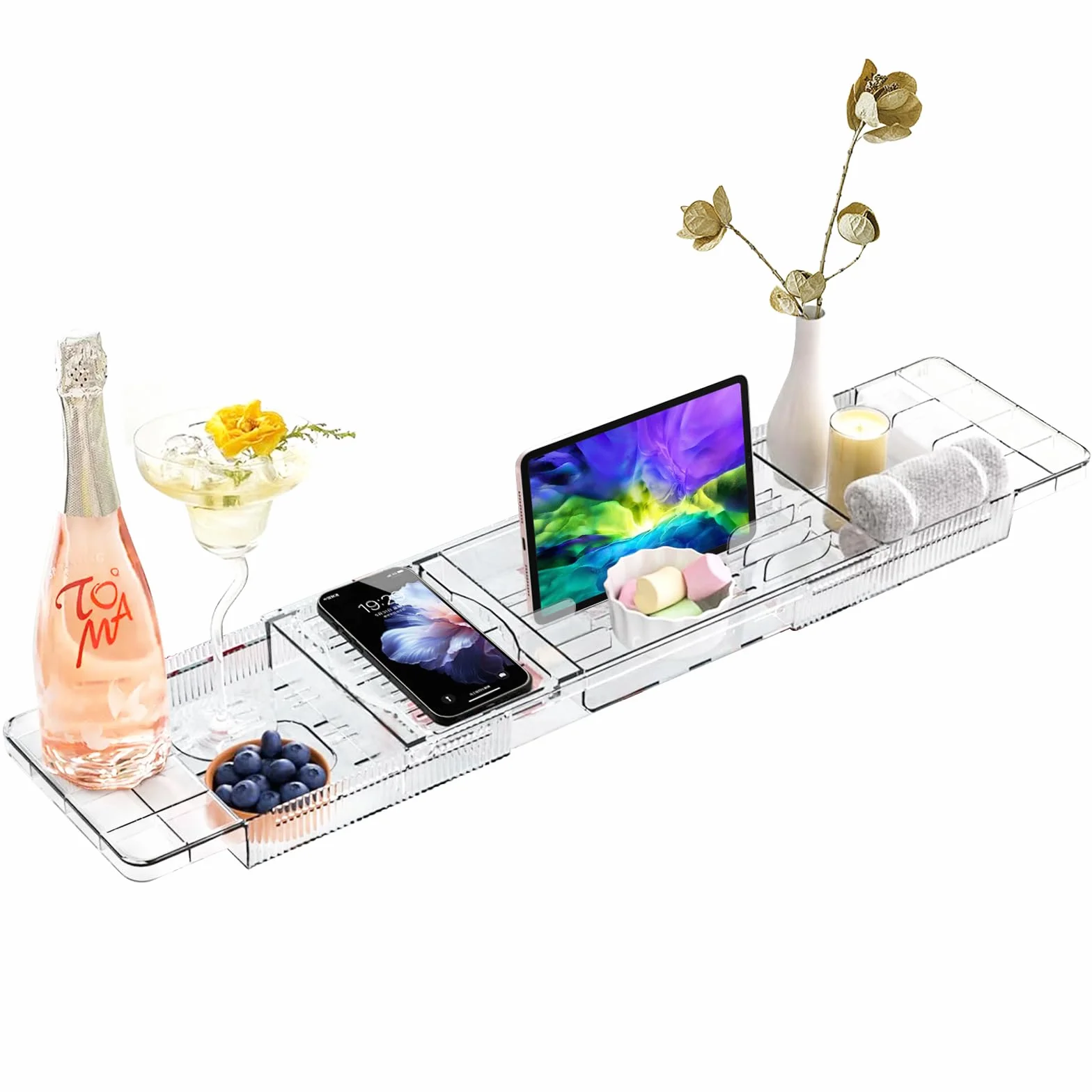 Plateau Baignoire Extensible en Acrylique avec Support pour Bougie, Verre, Livre, Tablette, Ipad et Téléphone