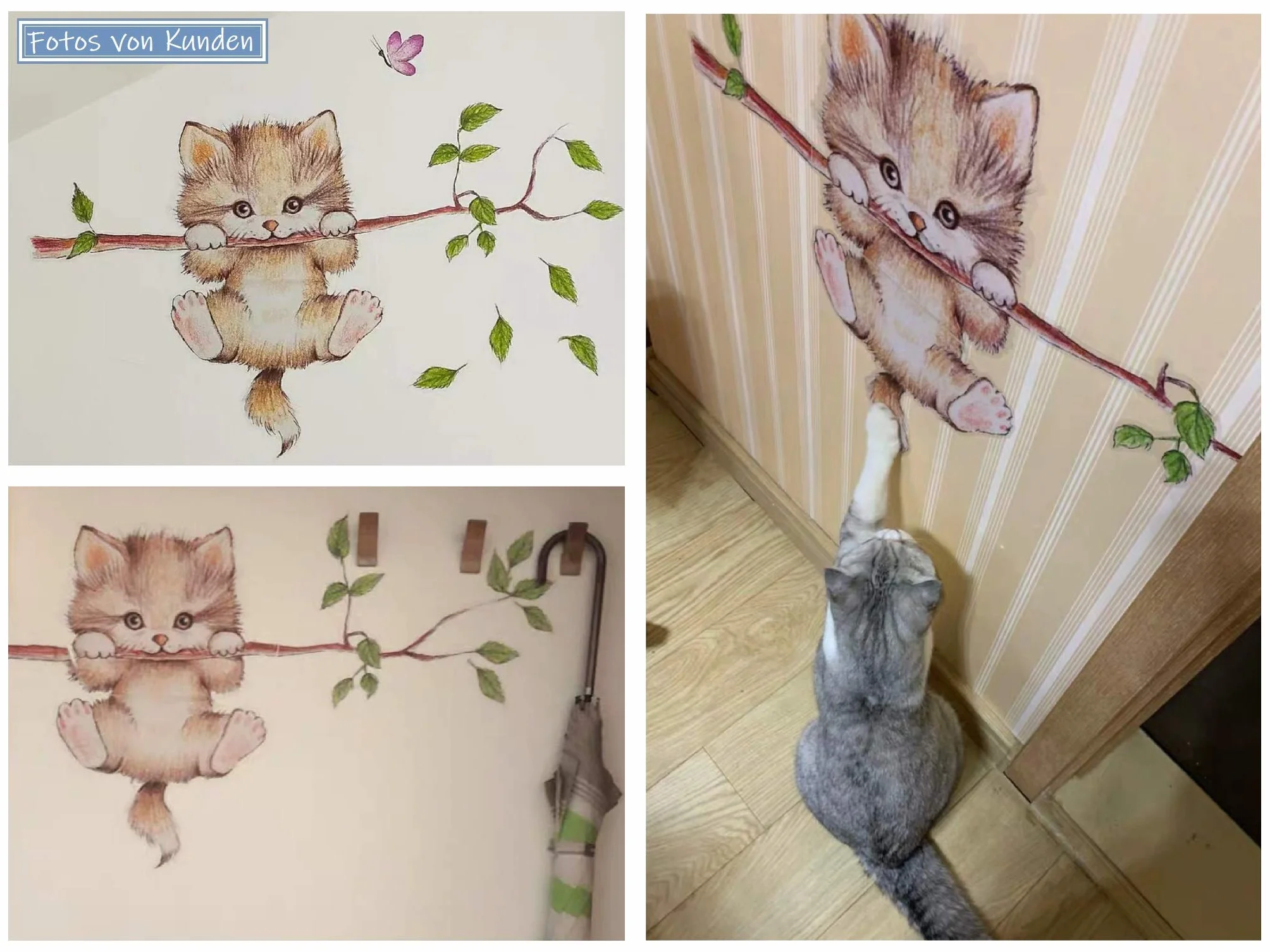 WandSticker4U® Autocollant mural CHAT MIGNON 77x55 cm animaux forêt arbre branche fleurs décoration murale chambre enfant