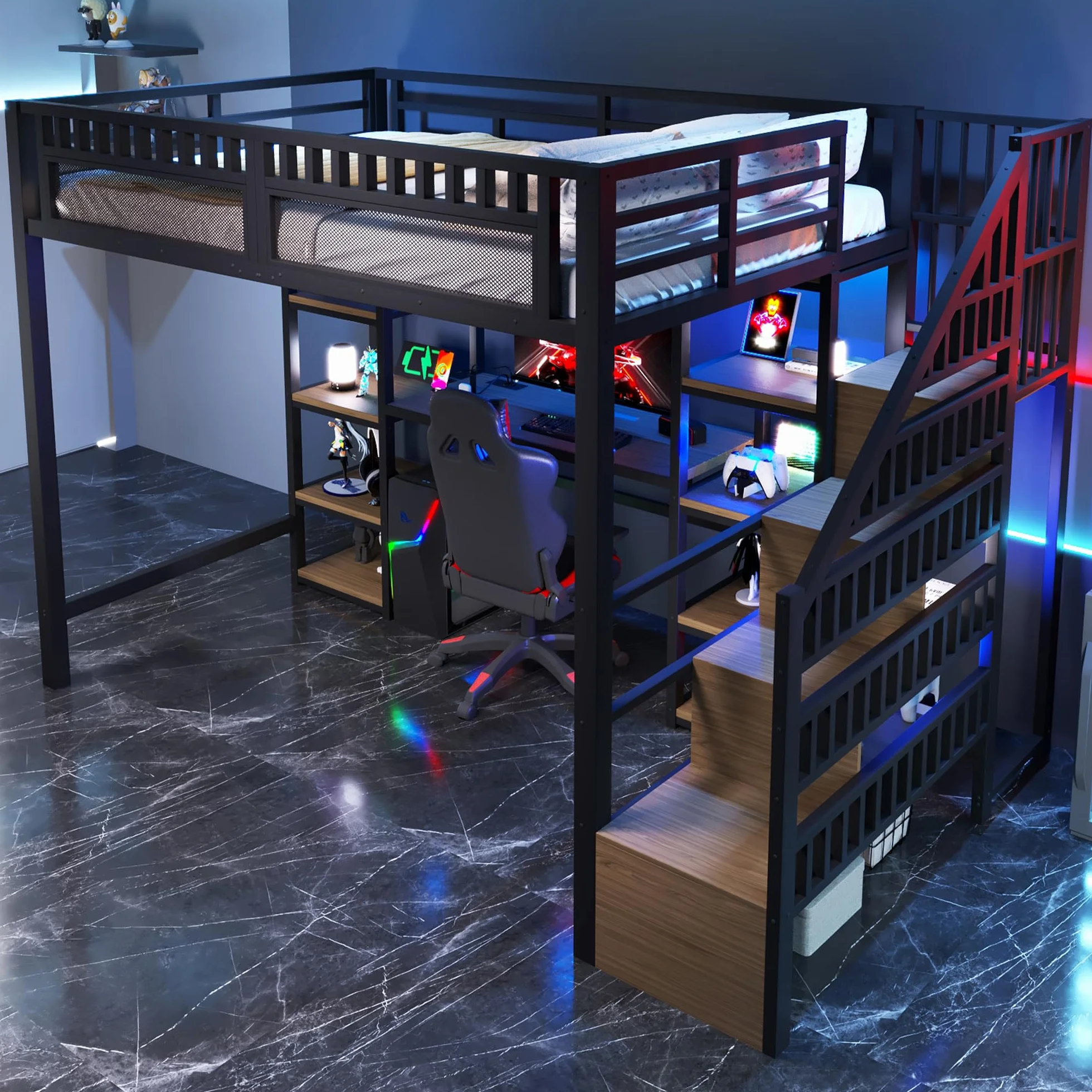 Sapgaks Lit Mezzanine Enfant en Fer 140x200 avec LED,Port USB, Bureau,Compartiment de Rangement,échelle de Rangement,lit superposé avec Garde-Corps,Cadre de lit Mezzanine 2 Place (A-Noir, 140x200)