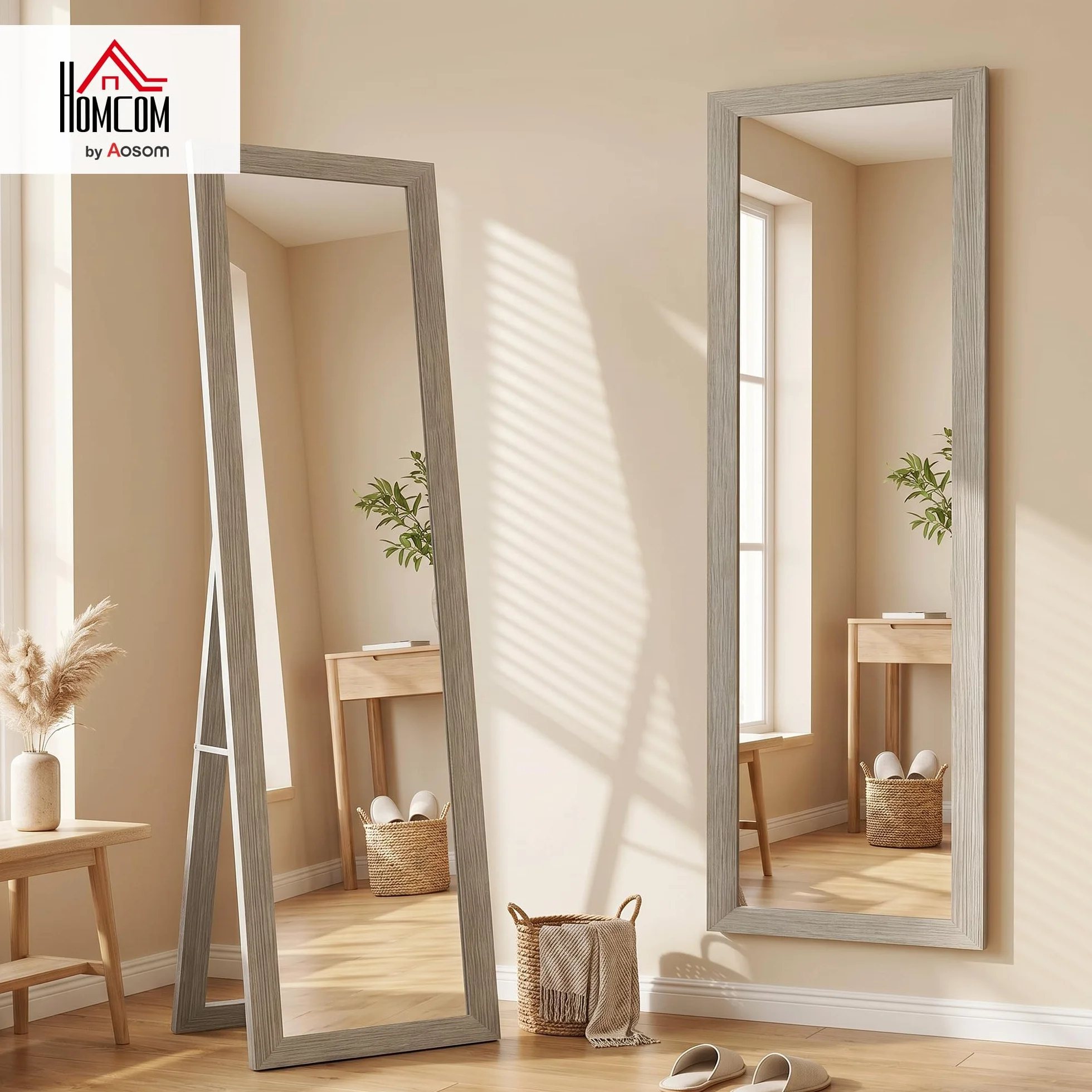 HOMCOM Miroir Rectangulaire sur Pied Mural ou à Poser avec Cadre en Bois 37 x 157 cm Gris