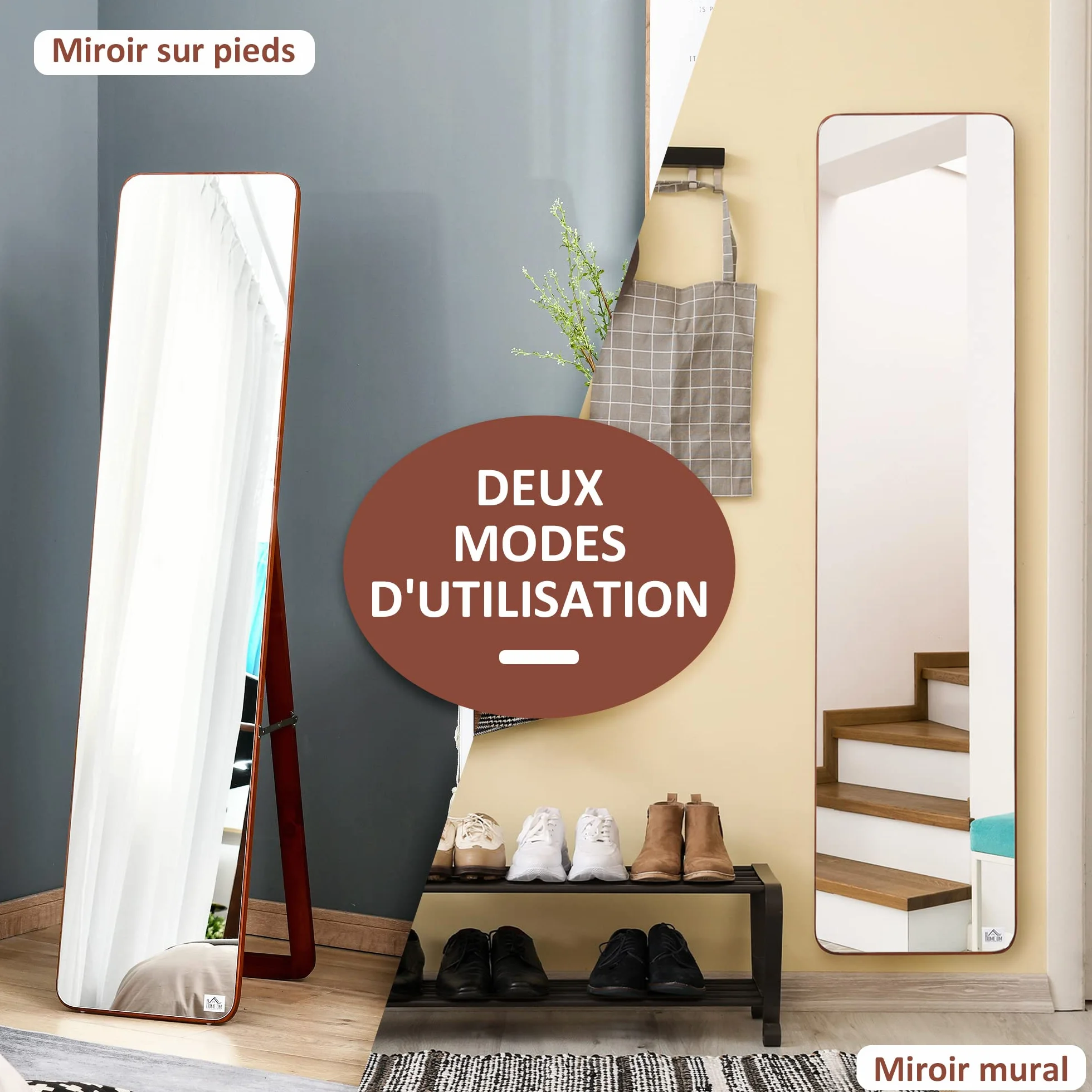 HOMCOM Grand Miroir Pleine Longueur rectangulaire 37 x 160 cm sur Pied ou Mural Noyer Clair