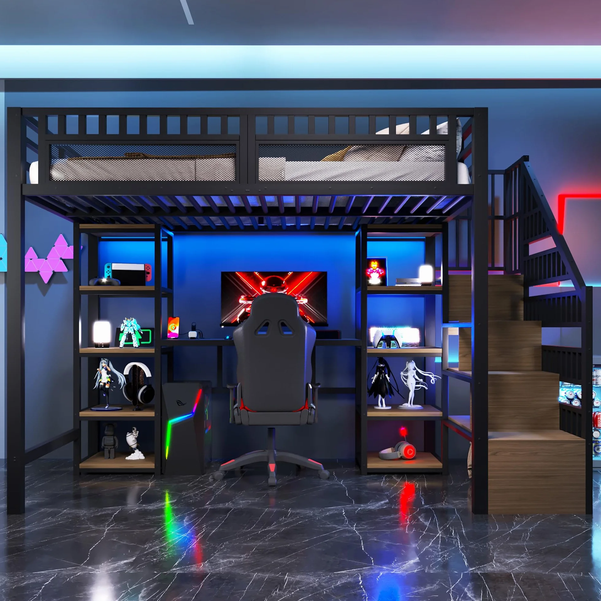 Sapgaks Lit Mezzanine Enfant en Fer 140x200 avec LED,Port USB, Bureau,Compartiment de Rangement,échelle de Rangement,lit superposé avec Garde-Corps,Cadre de lit Mezzanine 2 Place (A-Noir, 140x200)